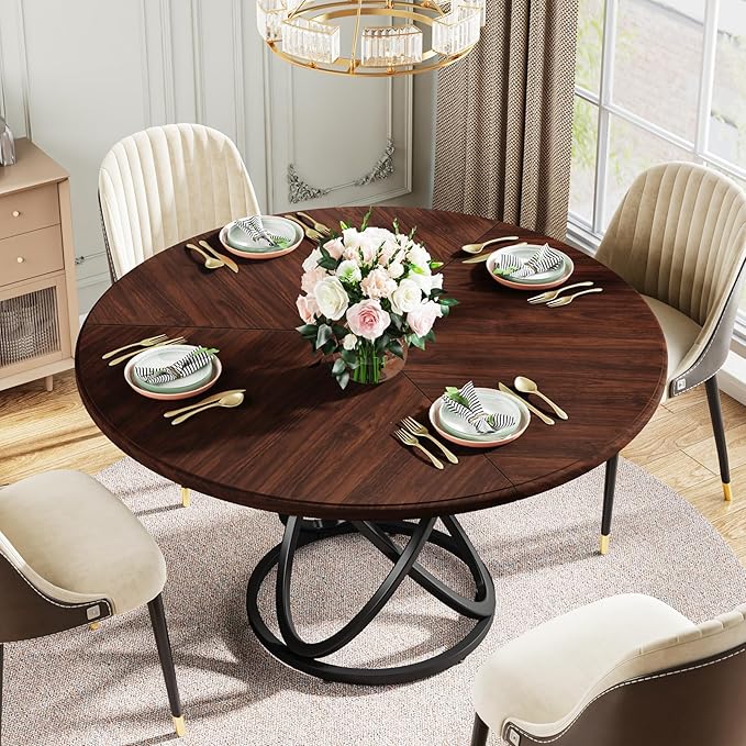 Round Dining Table for 4-6 People, 119cm Dinner Table Circle Kitchen Table with Metal Base, Wood Dining Room Table Cofee Table for Kitchen, Restaurant, Café, Walnut and Black