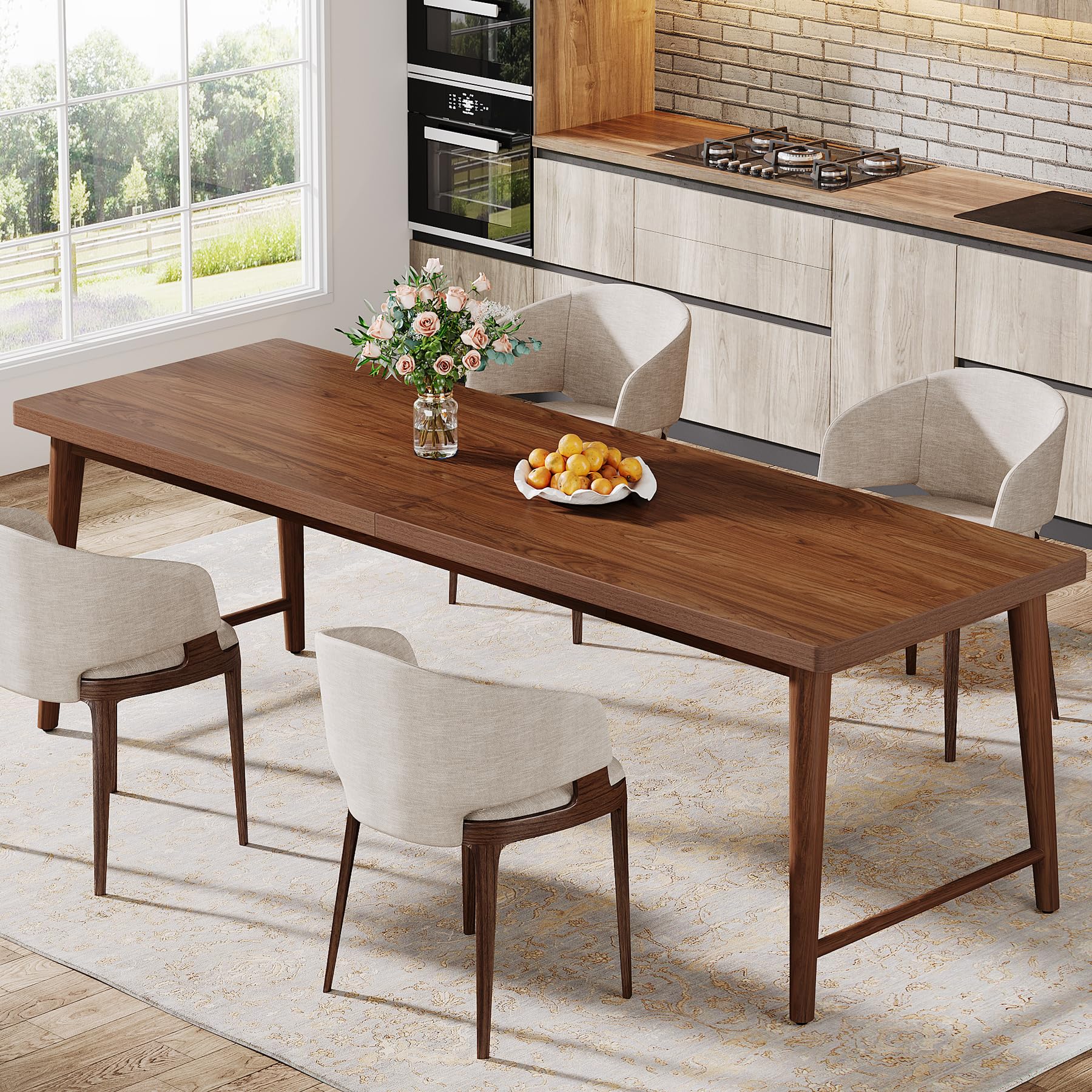 200cm-Dining Table, Mid-Century Modern Kitchen Dining Room Table for 6-8 People, Wood Kitchen Table Dinner Table with Heavy Duty Metal Legs for Dining Room, Rich Walnut