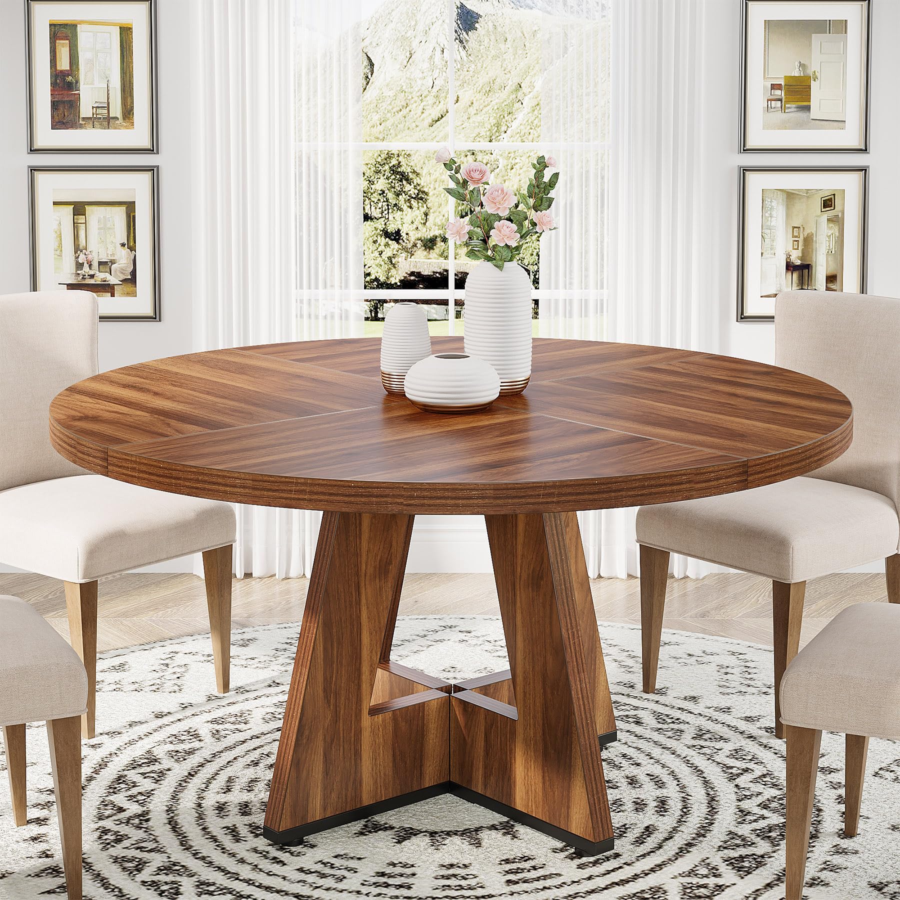 Round Dining Table Wood Kitchen Table for Dining Room Living Room, 119cm Dining Room Tables for 4 People, Farmhouse Dinner Table with Wooden Table Top and Legs, Rustic Brown(Only Table)