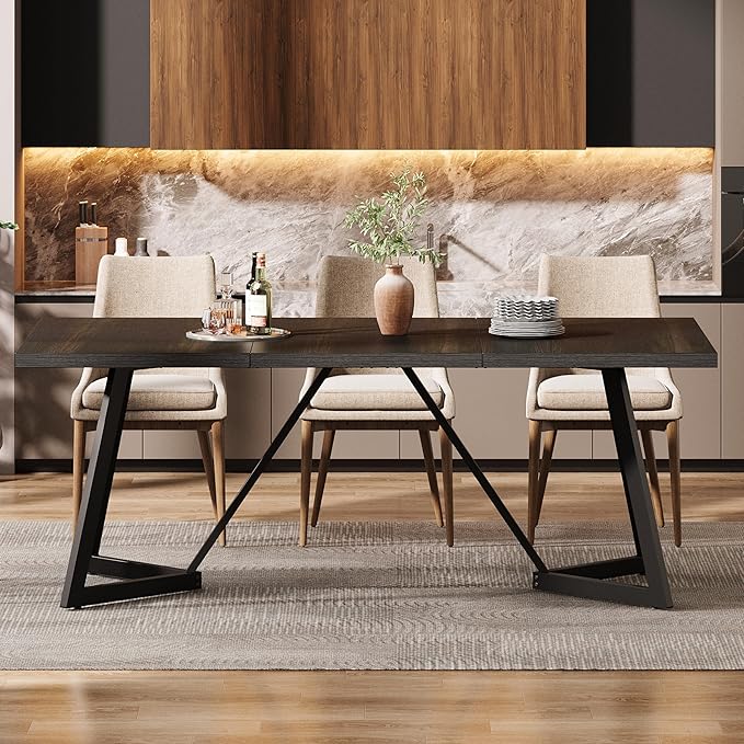 180cm Large Dining Table for 4-6, Modern Black Dining Room Table with Metal Frame, Rectangular Kitchen Dinner Table for Home Dining Room Family