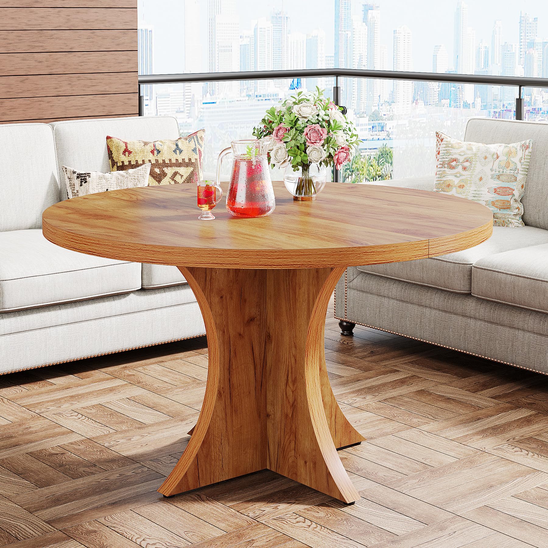 Round Dining Table for 4-6, 119cm Inch Farmhouse Kitchen Table, Wood Dining Table with Pedestal Base, Small Dinner Table for Dining Room,Living Room, Small Space, Brown