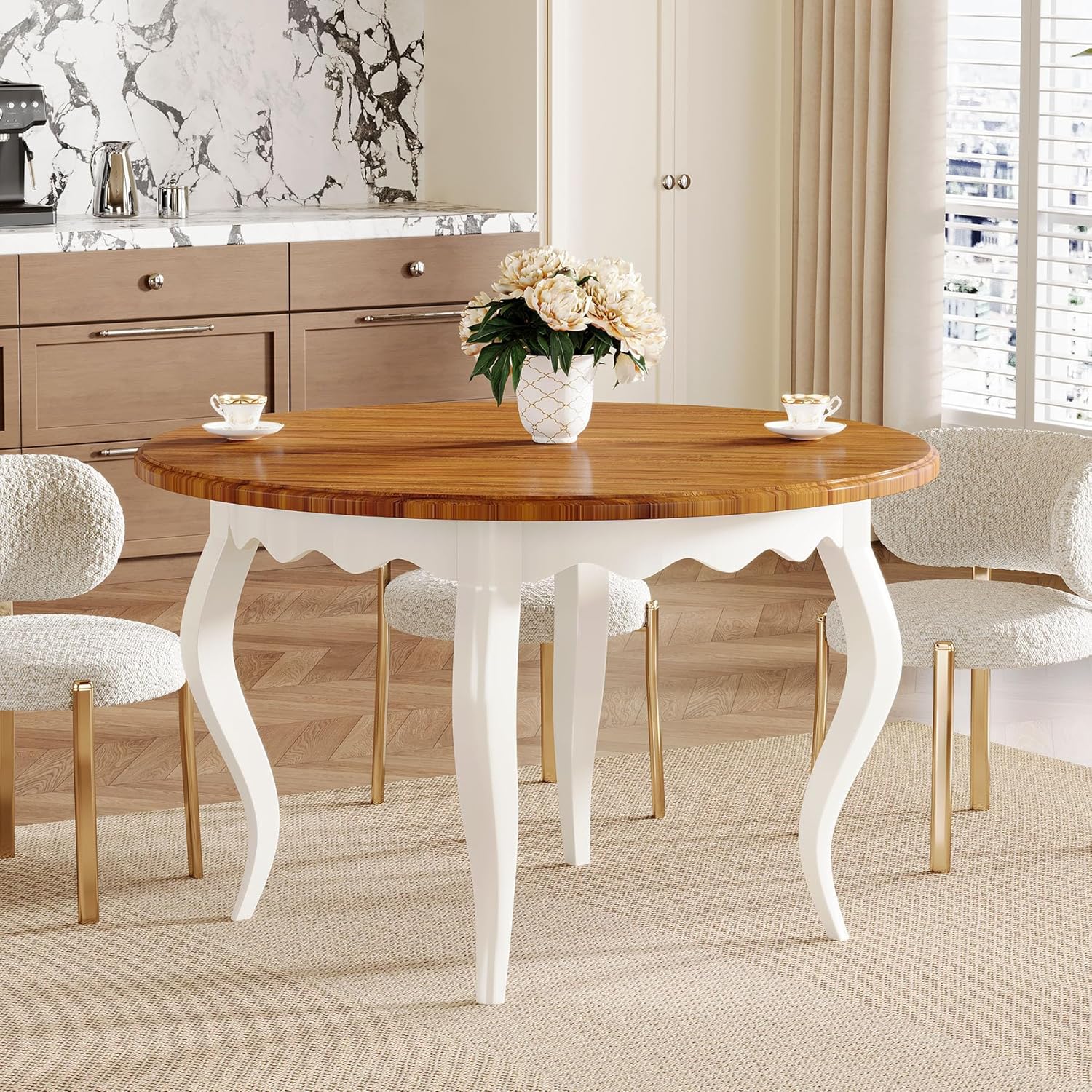 Round Dining Table for 4, 119cm Farmhouse Kitchen Dinner Table, Wood Circle Dining Room Table with Solid Wood Legs for Kitchen, Living Room, Brown and White (Only Table)