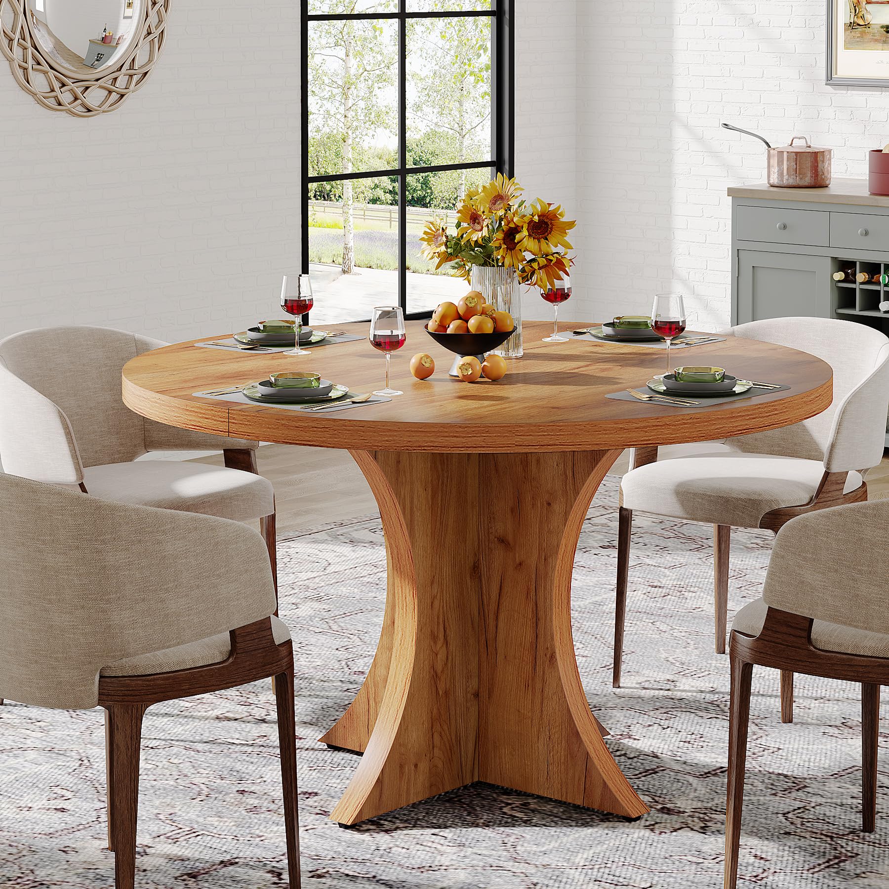 Round Dining Table for 4-6, 119cm Inch Farmhouse Kitchen Table, Wood Dining Table with Pedestal Base, Small Dinner Table for Dining Room,Living Room, Small Space, Brown