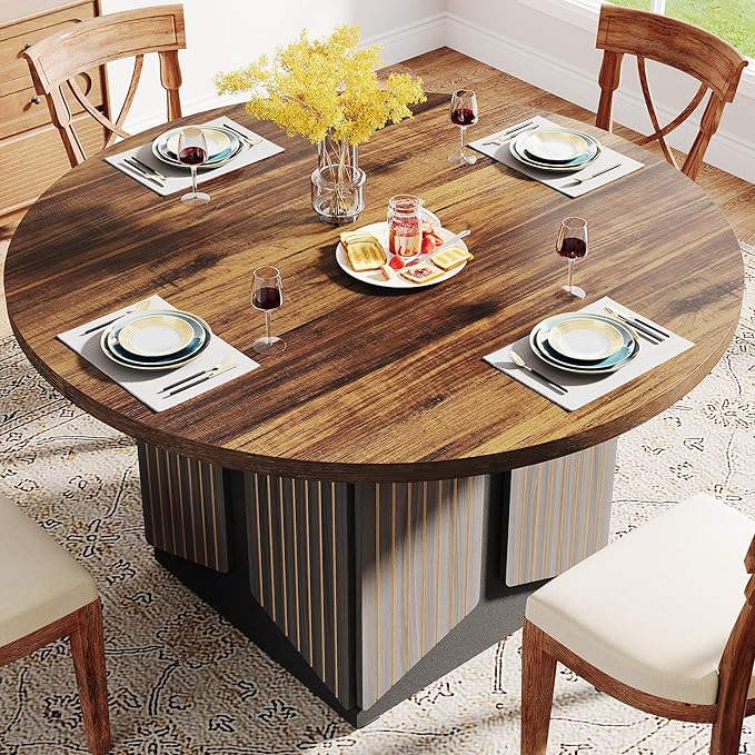 Round Dining Table for 4-6 People 119cm Wood Farmhouse Circle Kitchen Table Round Dinner Table for Dining Room Kitchen
