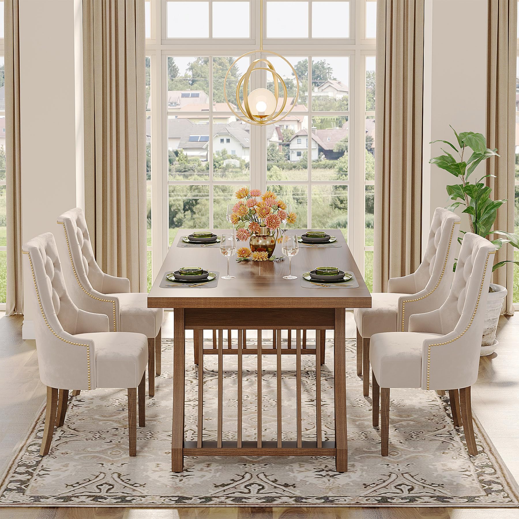 Wood Dining Room Table: 158cm Rectangular Dining Table for 6 People Farmhouse Wooden Kitchen Table with Heavy-Duty
