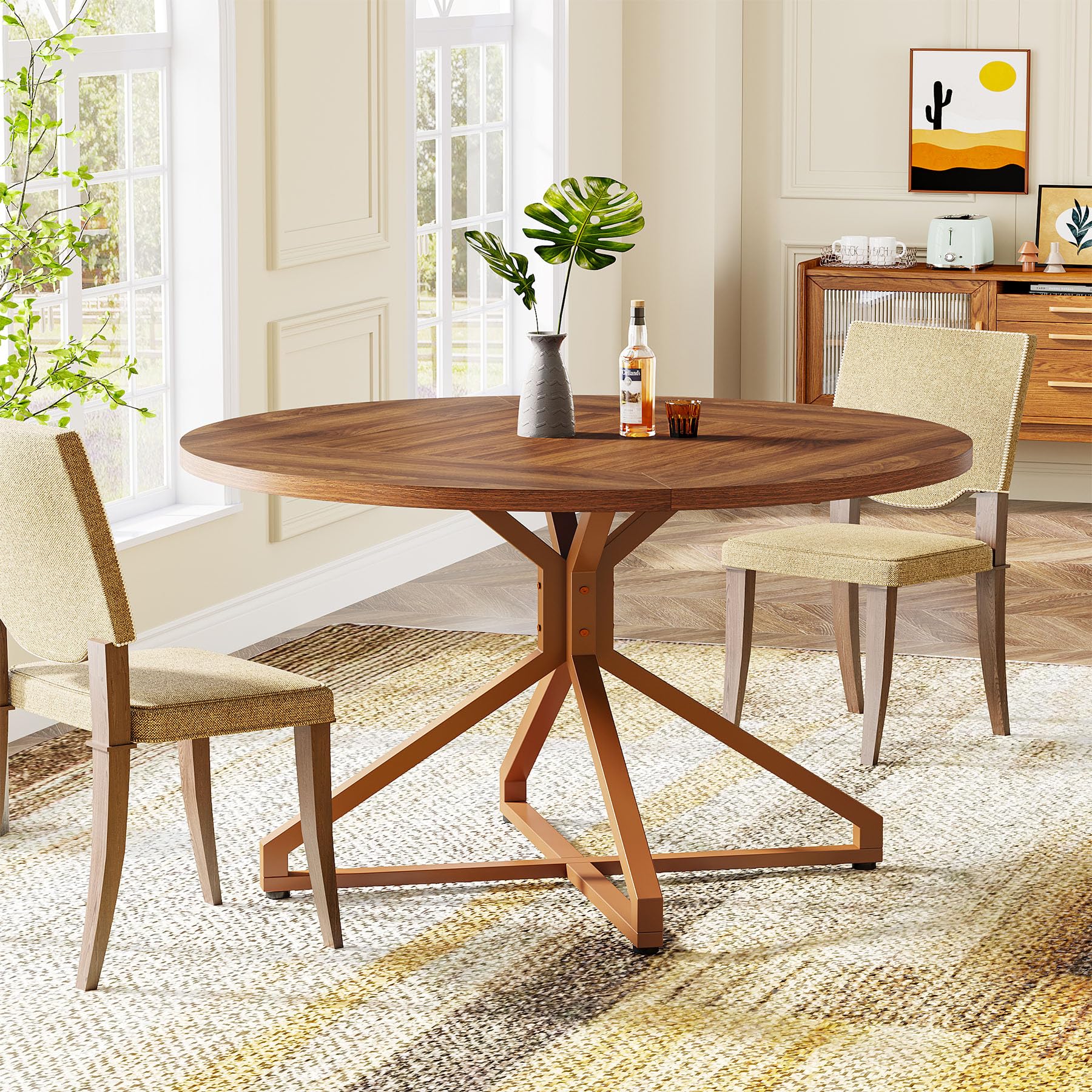 Round Dining Table for 4-6 People 119cm Circle Kitchen Table Dining Room Table with Metal Pedestal Base Wood Dinner