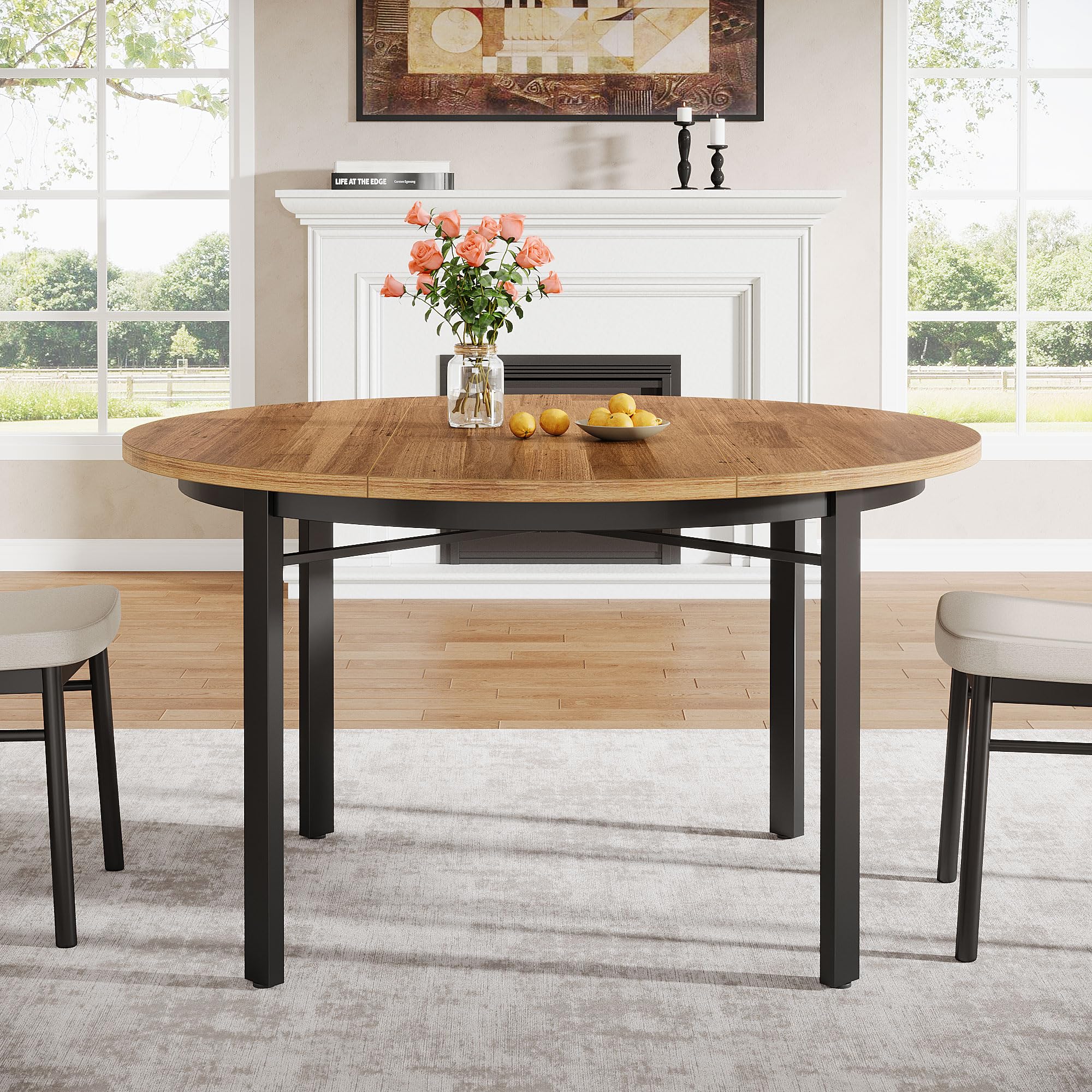 Round Dining Table for 4-6 People 119cm Farmhouse Kitchen Table Dining Room Table with Solid Metal Legs Circle Dinner