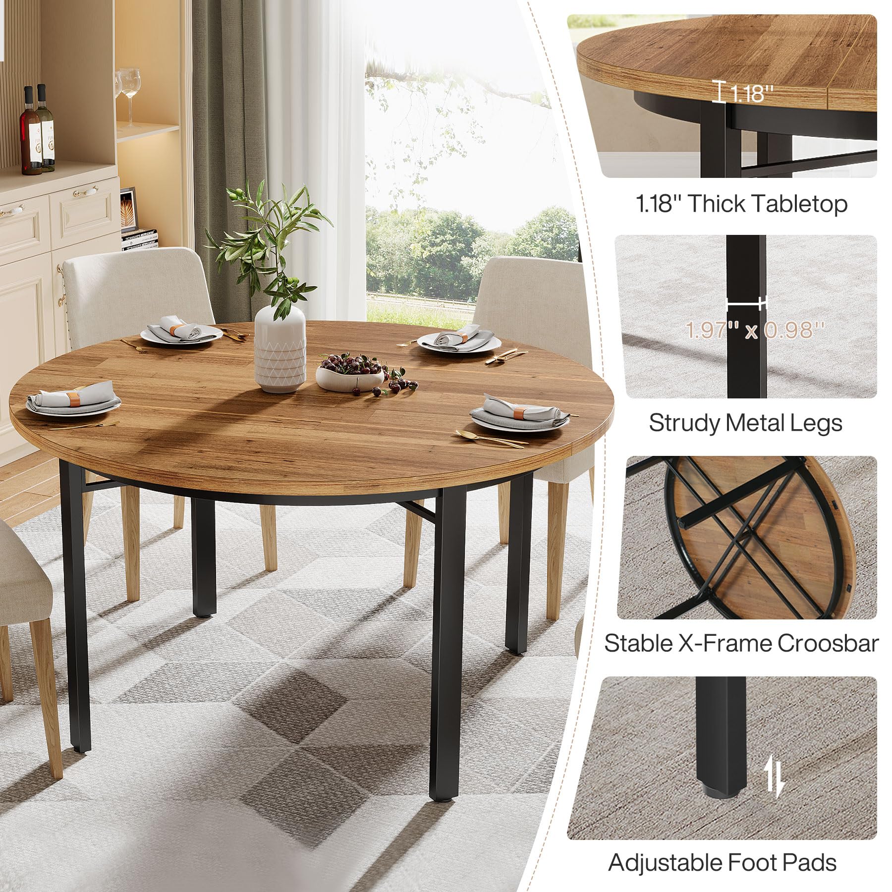 Round Dining Table for 4-6 People 119cm Farmhouse Kitchen Table Dining Room Table with Solid Metal Legs Circle Dinner