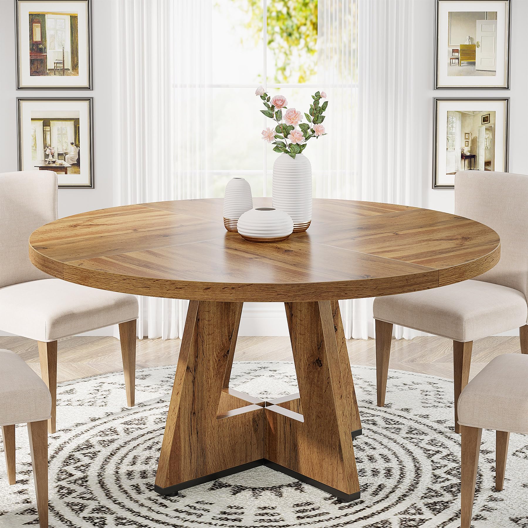 Round Dining Table Wood Kitchen Table for Dining Room Living Room, 119cm Dining Room Tables for 4 People, Farmhouse Dinner Table with Wooden Table Top and Legs, Rustic Brown(Only Table)