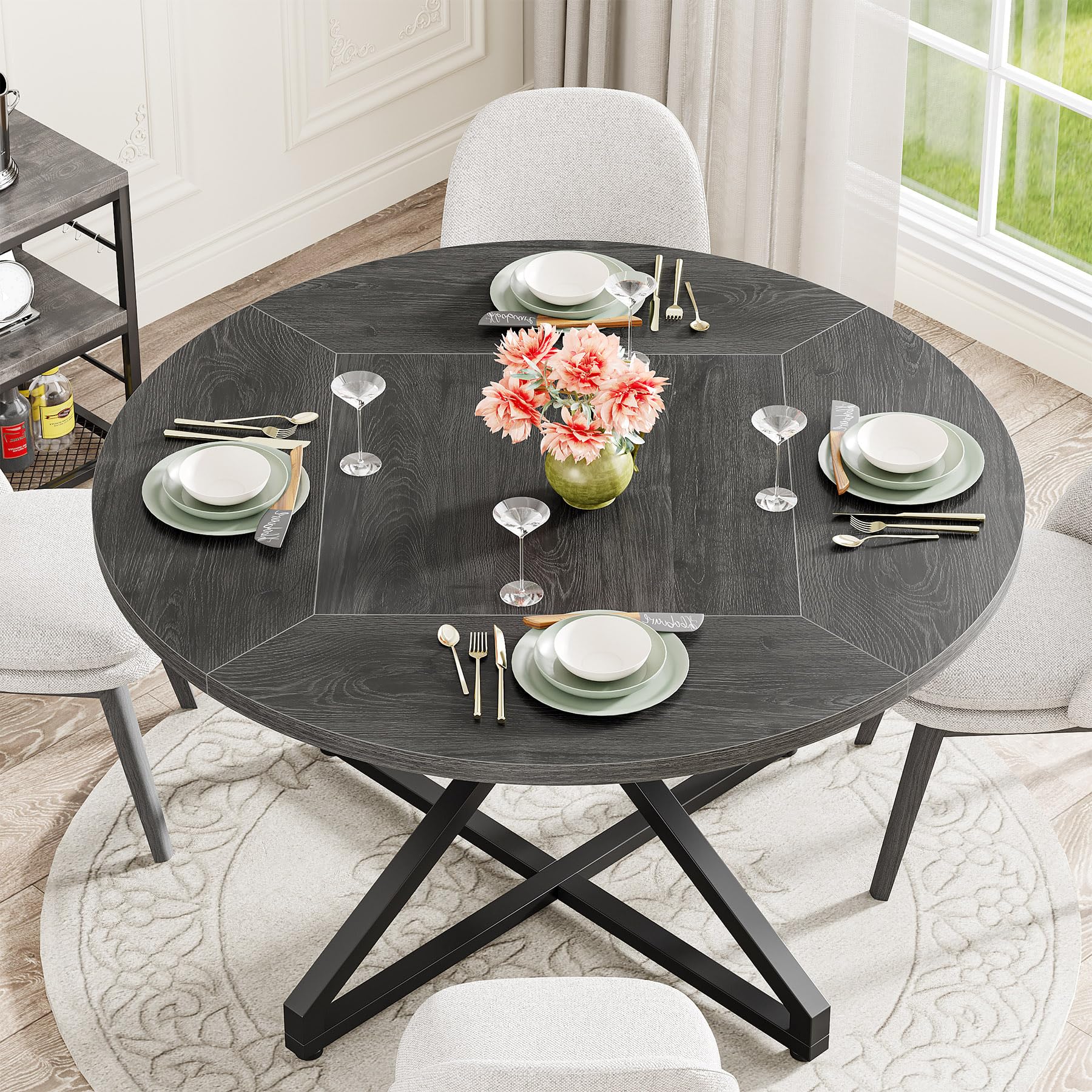 Round Dining Table for 4-6 People 119cm Circle Kitchen Table Dining Room Table with Metal Pedestal Base Wood Dinner