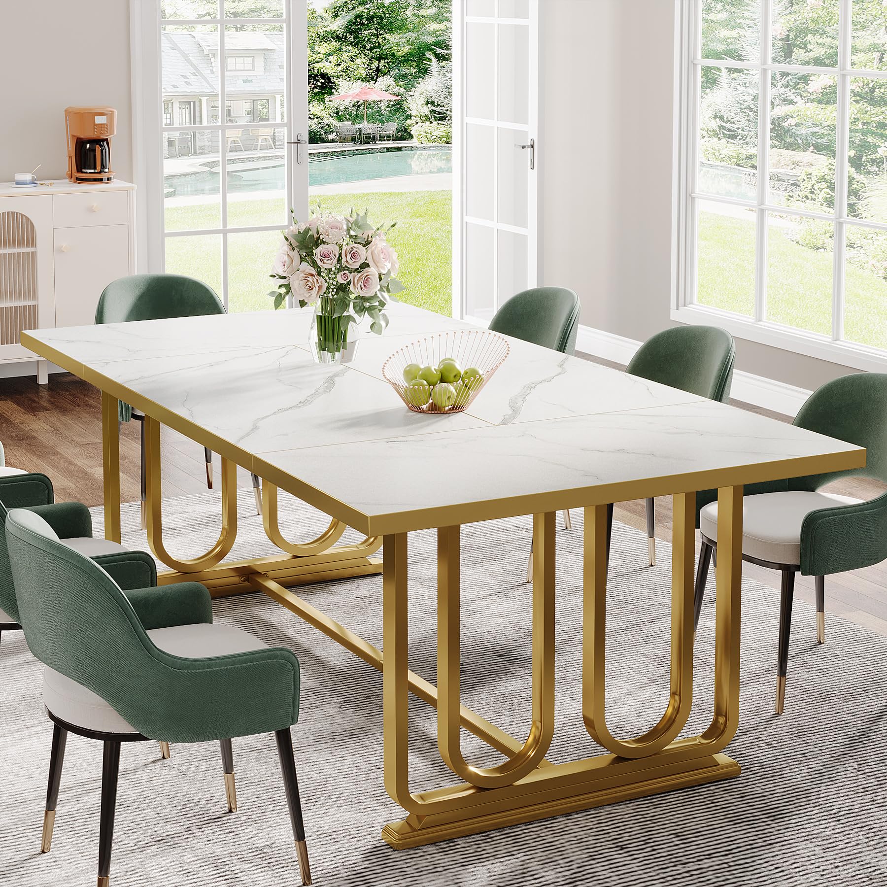 Modern Dining Table for 6-8, 180cm Rectangle Kitchen Table, Wood Dining Room Table with Faux Marble Tabletop and Golden Metal Legs, Large White Dinner Table for Dining Room (Table Only)