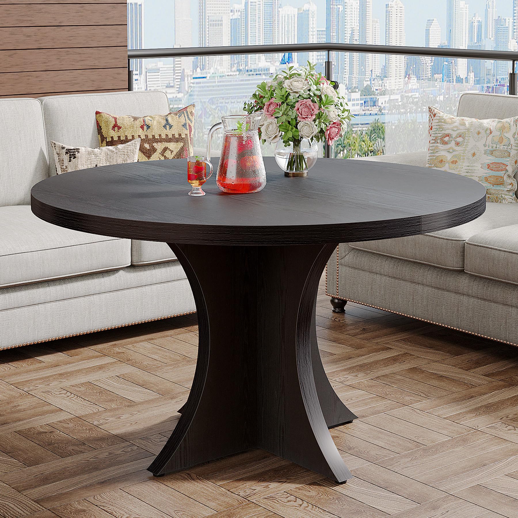 Round Dining Table for 4-6, 119cm Inch Farmhouse Kitchen Table, Wood Dining Table with Pedestal Base, Small Dinner Table for Dining Room,Living Room, Small Space, Brown