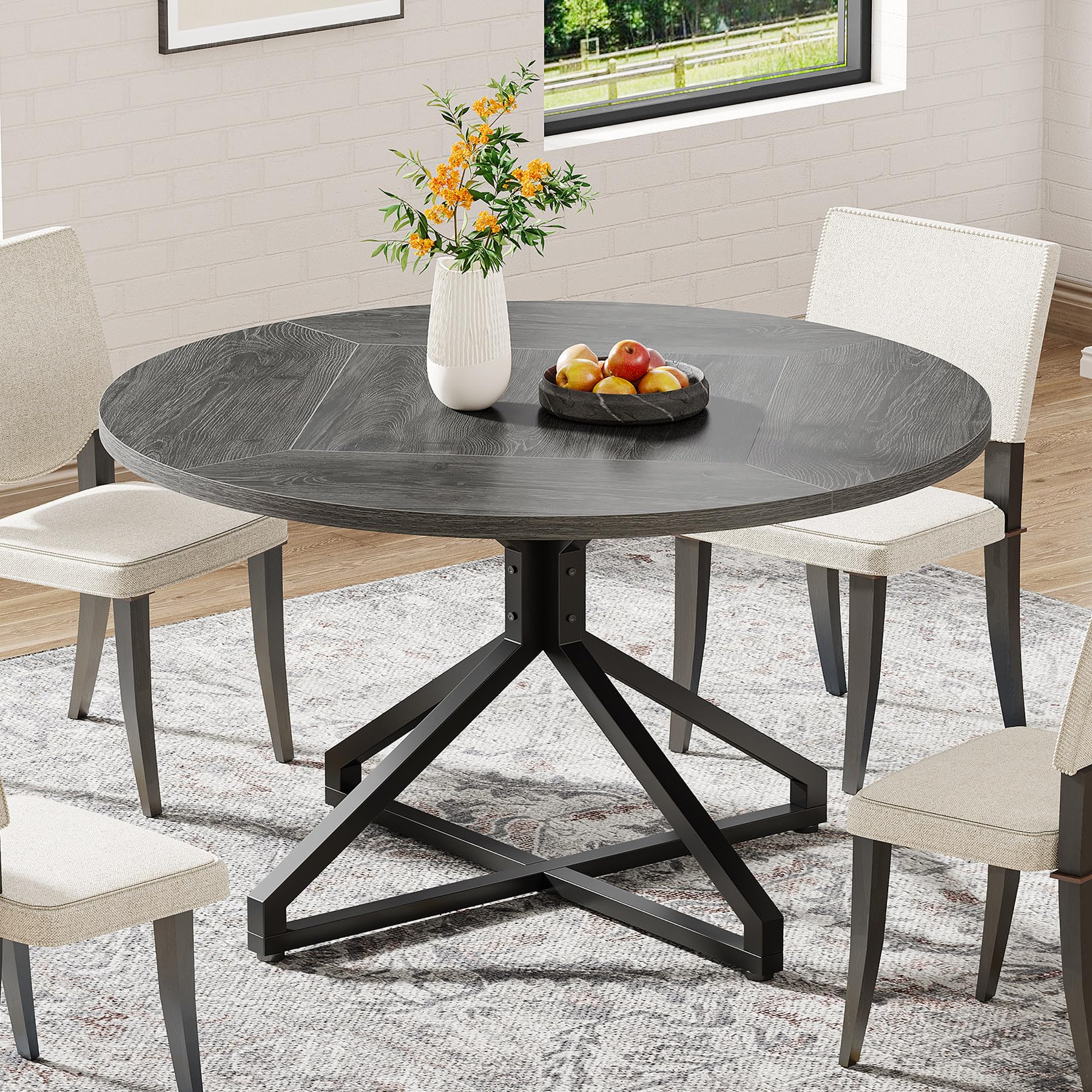 Round Dining Table for 4-6 People 119cm Circle Kitchen Table Dining Room Table with Metal Pedestal Base Wood Dinner