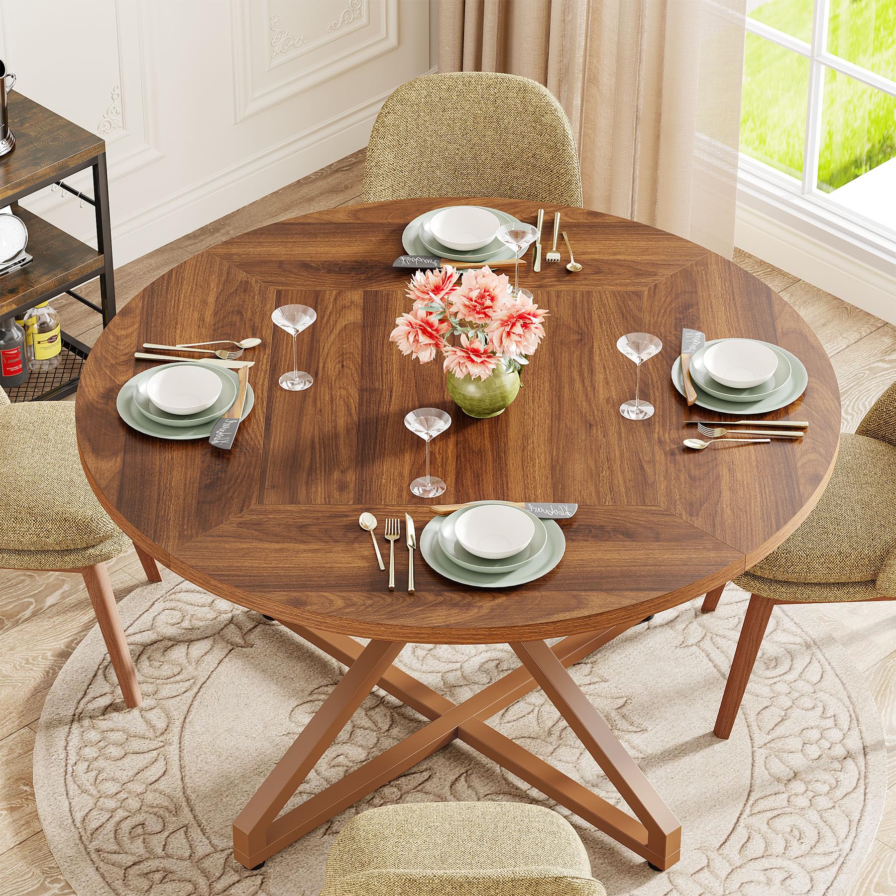 Round Dining Table for 4-6 People 119cm Circle Kitchen Table Dining Room Table with Metal Pedestal Base Wood Dinner
