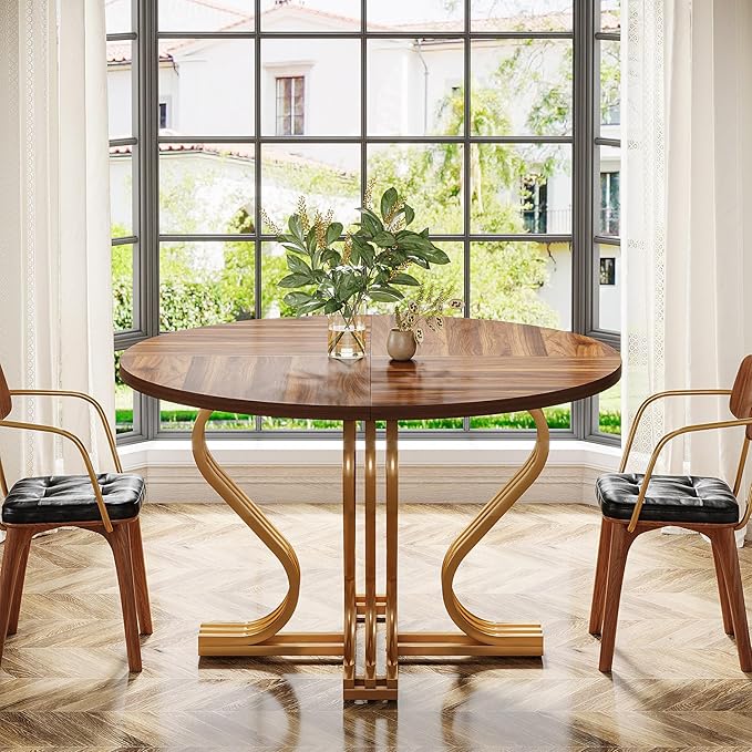 120cm Round Dining Table for 4, Farmhouse Wood Kitchen Table with Gold Metal Base, Circle Dinner Table Dining Room Table for Kitchen, Living Room, Rustic Brown