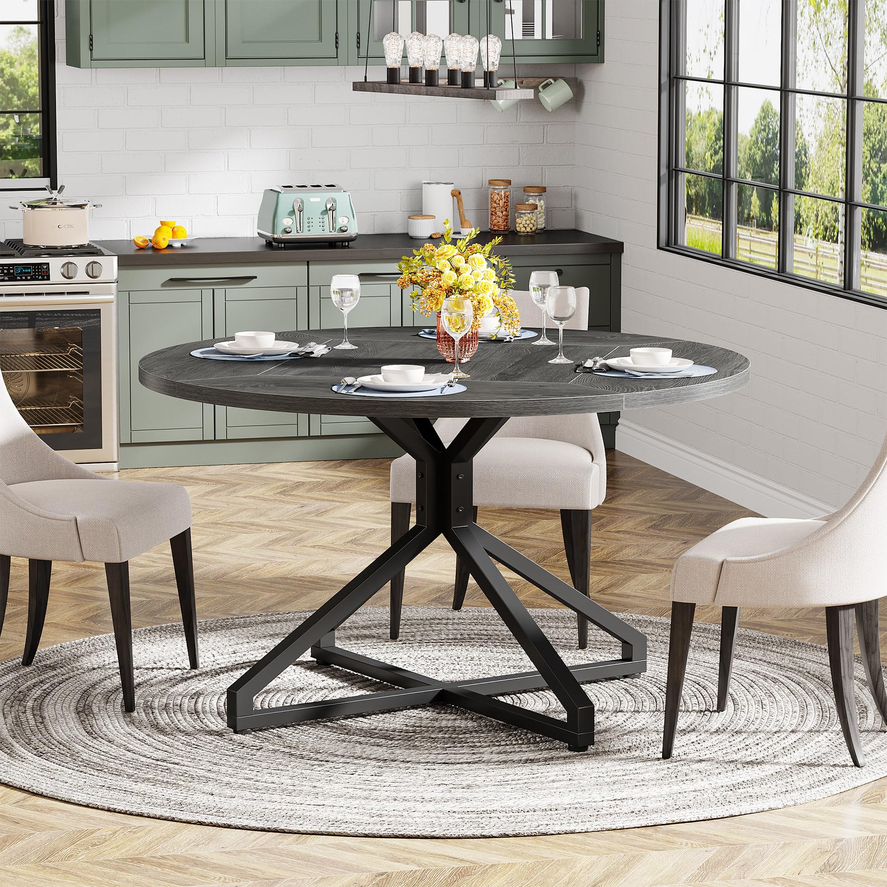 Round Dining Table for 4-6 People 119cm Circle Kitchen Table Dining Room Table with Metal Pedestal Base Wood Dinner