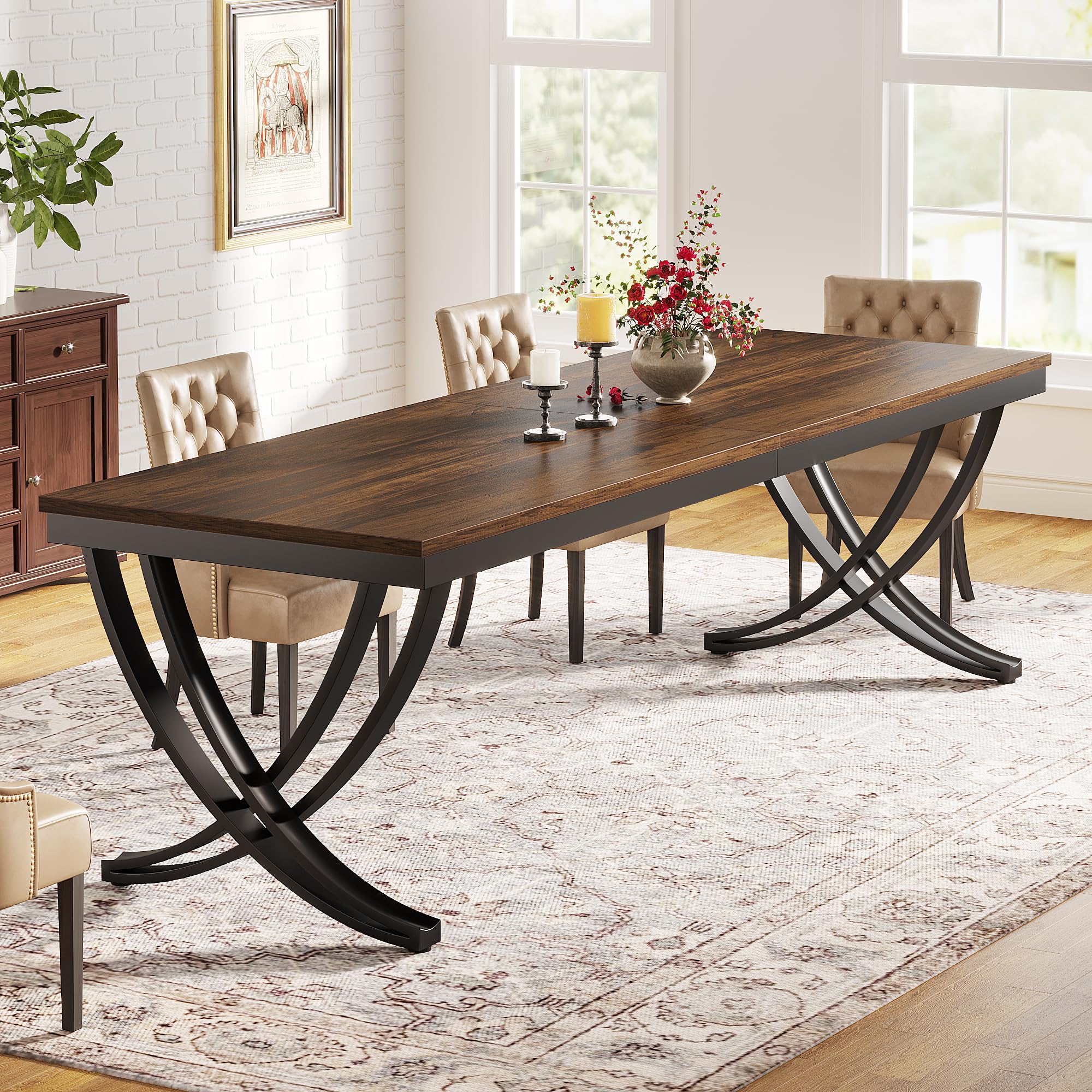 Rectangular Dining Table for 6-8, 78 inch Large Wood Farmhouse Dinner Table with Heavy Duty Metal Legs and Wooden Top for Kitchen Dining Room Living Room, Black Brown (Only Table)