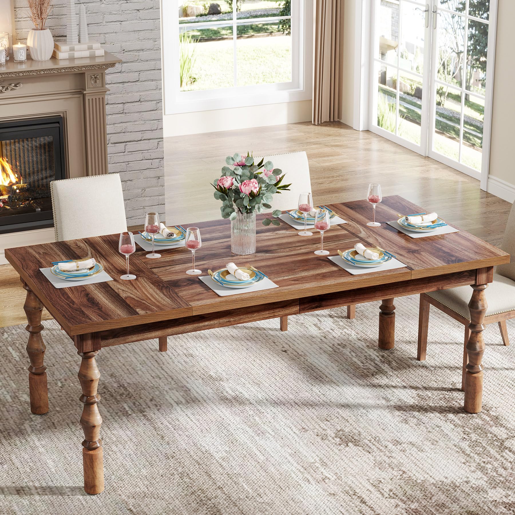 158cm Wood Dining Table for 4-6 People, Farmhouse Large Rectangle Kitchen Table, Dinner Table Kitchen & Dining Room Furniture with Carved Turned Legs, Walnut