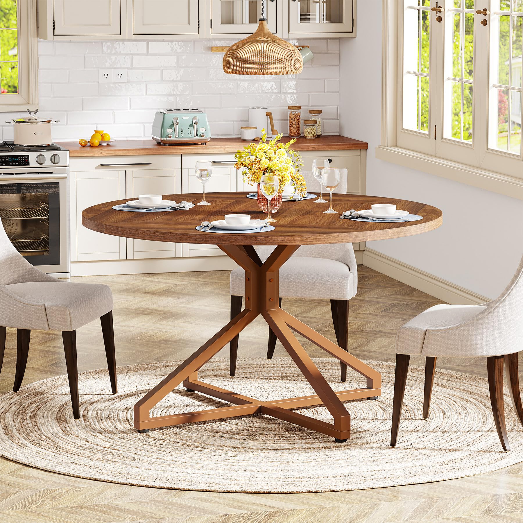 Round Dining Table for 4-6 People 119cm Circle Kitchen Table Dining Room Table with Metal Pedestal Base Wood Dinner