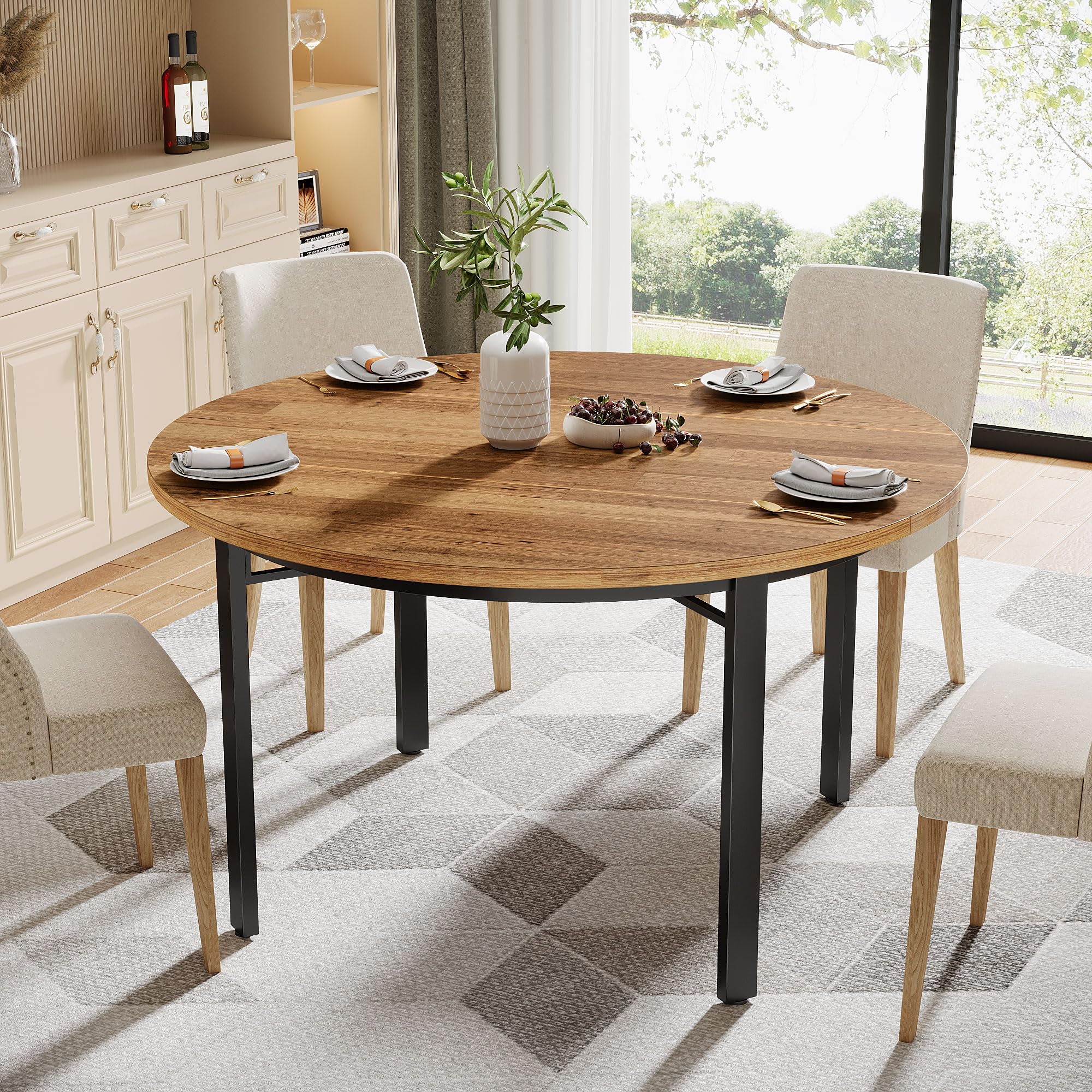 Round Dining Table for 4-6 People 119cm Farmhouse Kitchen Table Dining Room Table with Solid Metal Legs Circle Dinner