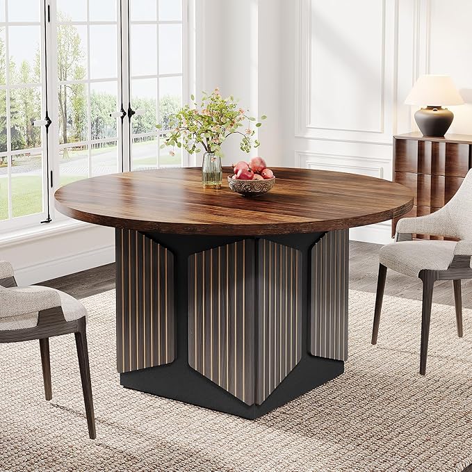 Round Dining Table for 4-6 People 119cm Wood Farmhouse Circle Kitchen Table Round Dinner Table for Dining Room Kitchen