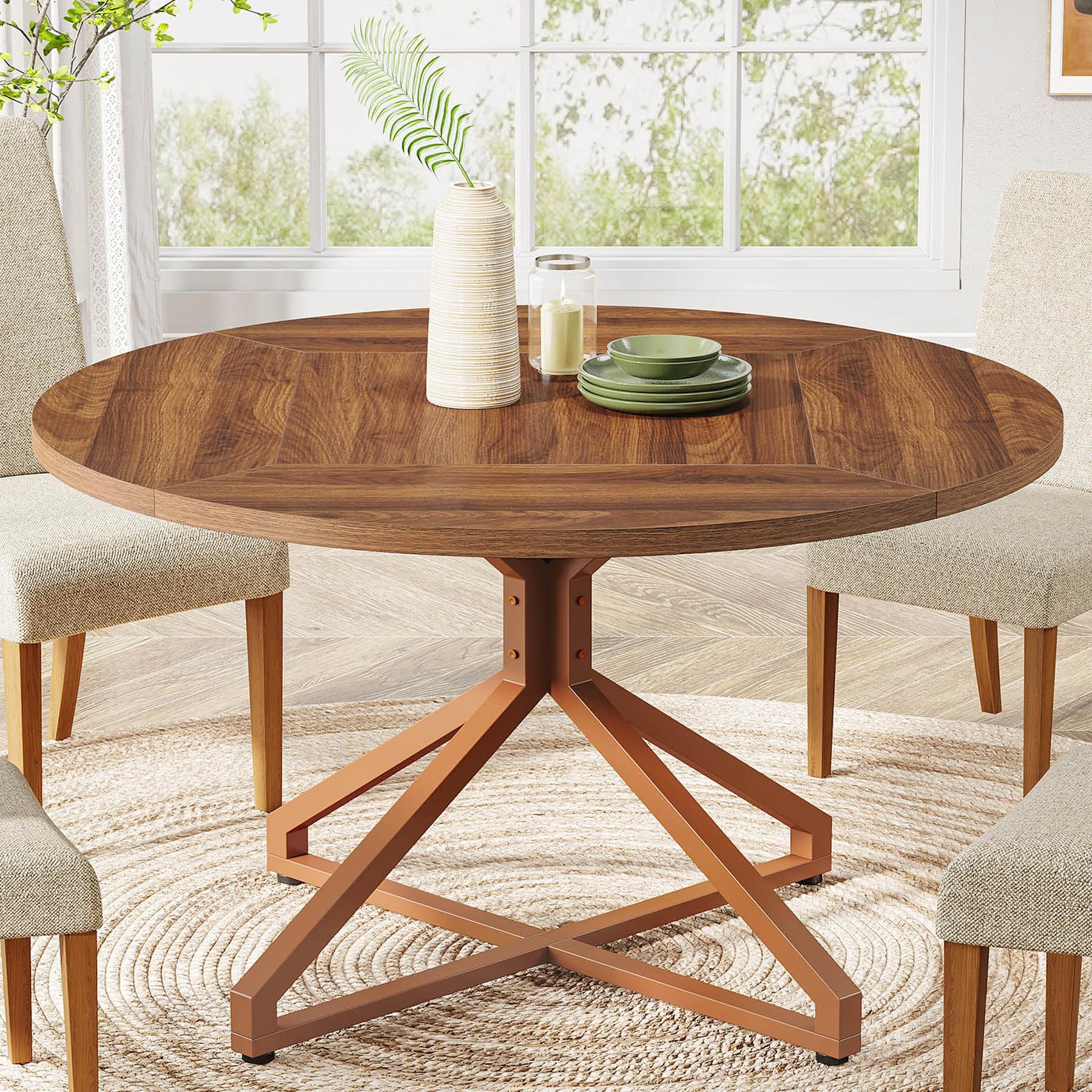 Round Dining Table for 4-6 People, 119cm Circle Kitchen Table Dining Room Table with Metal Pedestal Base, Wood Dinner Table for Dining Room, Kitchen, Living Room (Only Table)