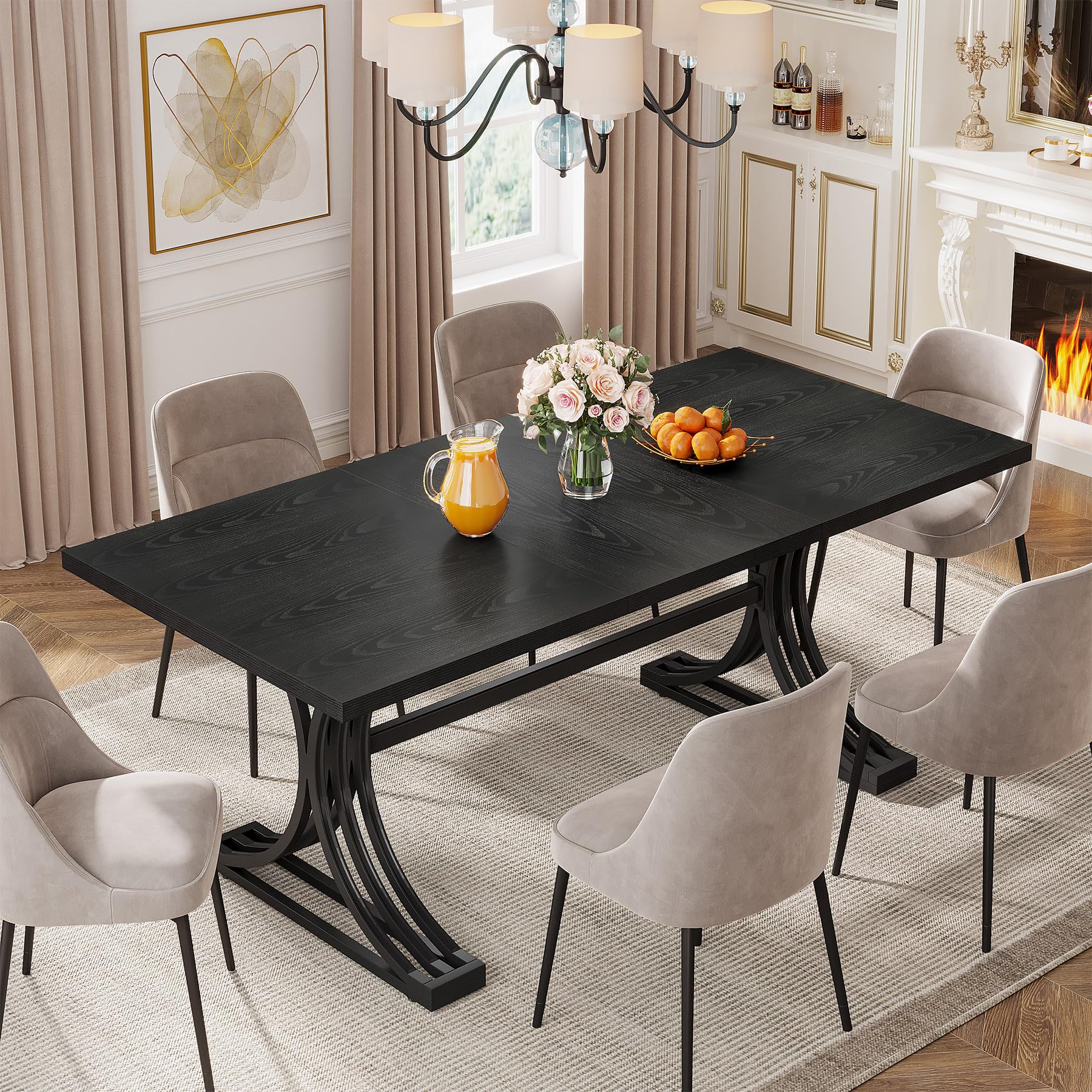 160cm Rectangular Dining Table for 4 to 6, Modern Kitchen Table with Stylish Metal Trestle Legs, Large Dinner Table for Dining Room, Chair Not Included (Grey+Black)