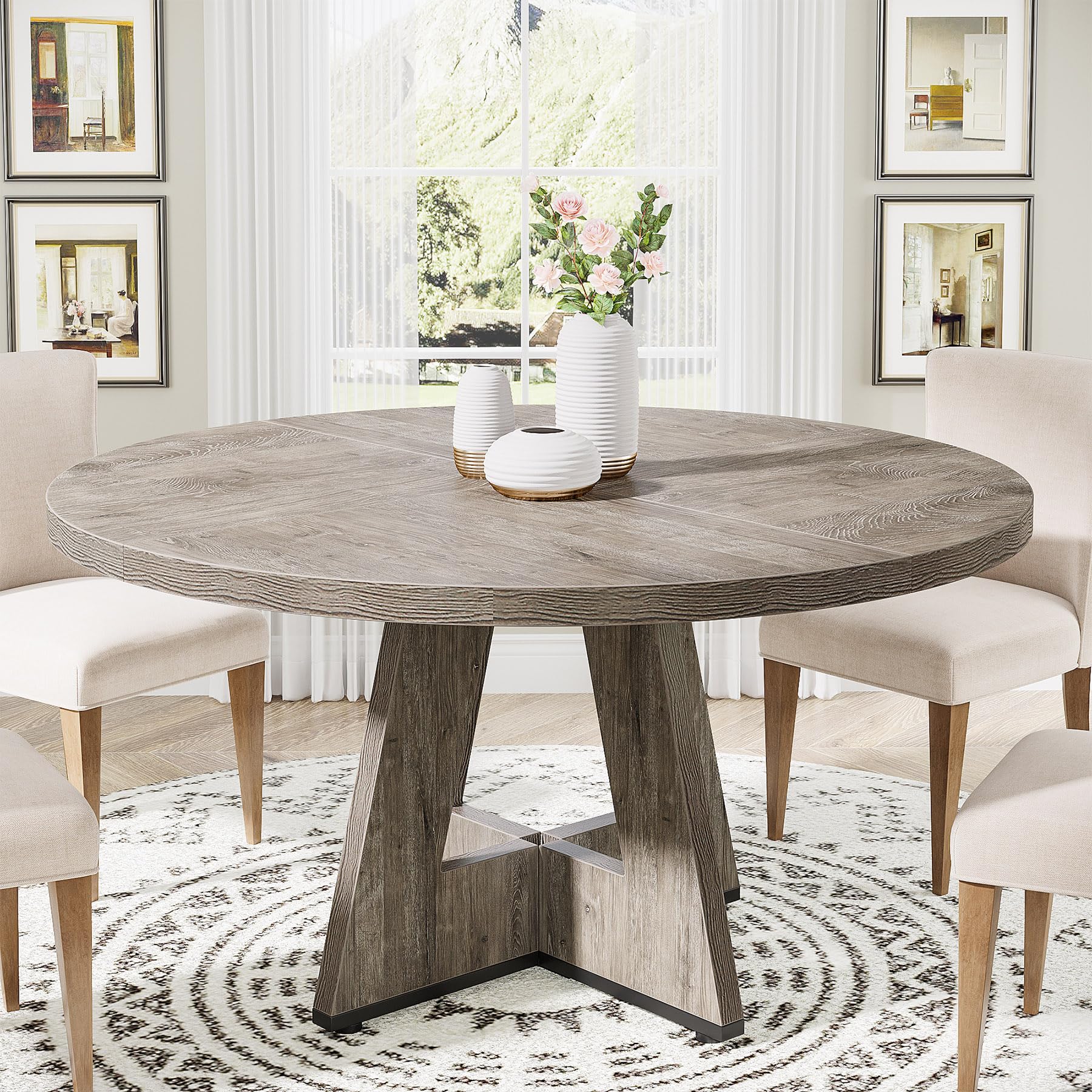 Round Dining Table Wood Kitchen Table for Dining Room Living Room, 119cm Dining Room Tables for 4 People, Farmhouse Dinner Table with Wooden Table Top and Legs, Rustic Brown(Only Table)