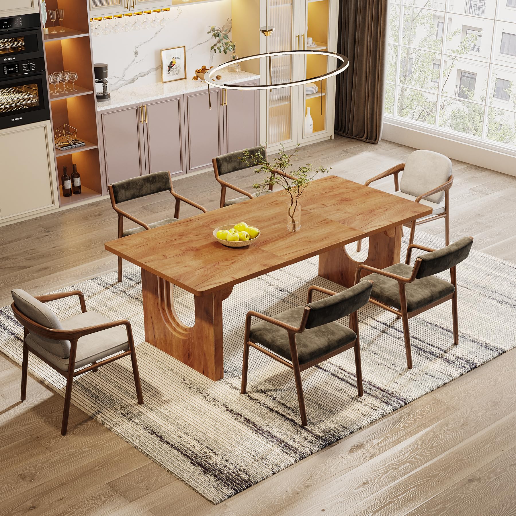 Modern Dining Table for 6 to 8 People, 180cm Large Kitchen Dining Table with Wood Pedestal Base, Rectangular Long Dinner Table for Kitchen, Dining Room, Living Room, Rustic Brown