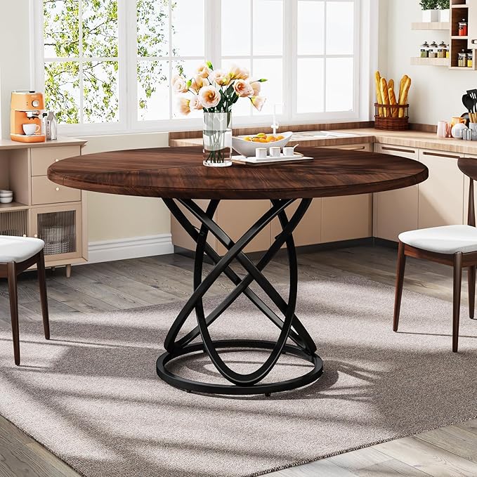 Round Dining Table for 4-6 People, 119cm Dinner Table Circle Kitchen Table with Metal Base, Wood Dining Room Table Cofee Table for Kitchen, Restaurant, Café, Walnut and Black