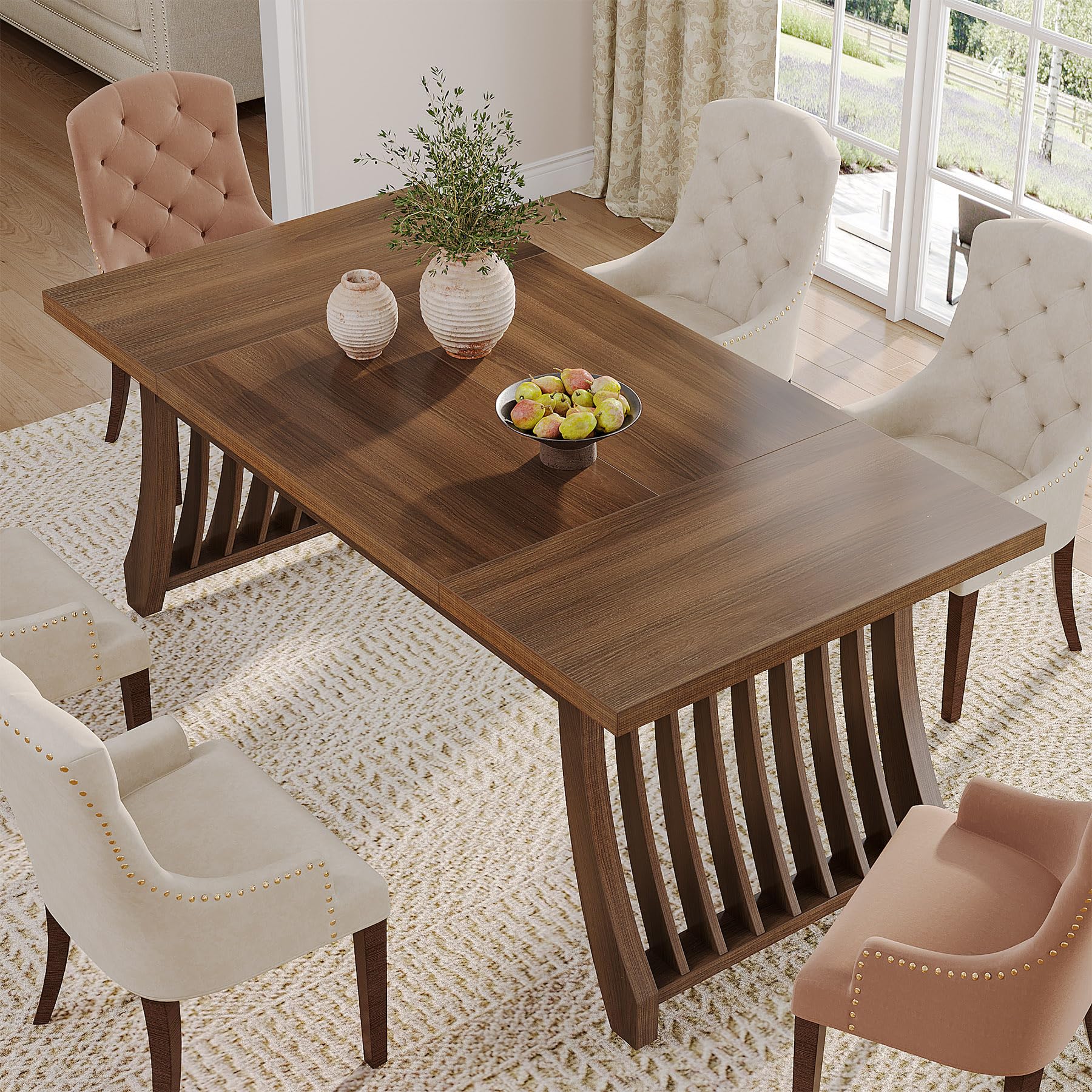 Wood Dining Room Table: 158cm Rectangular Dining Table for 6 People Farmhouse Wooden Kitchen Table with Heavy-Duty