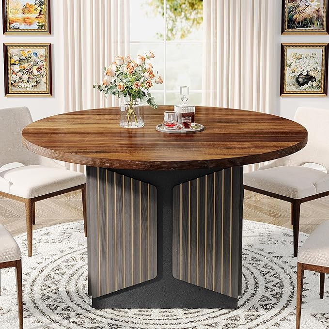 Round Dining Table for 4-6 People, 119cm Wood Farmhouse Circle Kitchen Table, Round Dinner Table for Dining Room, Kitchen, Living Room, Rustic Brown & Black(Only Table)