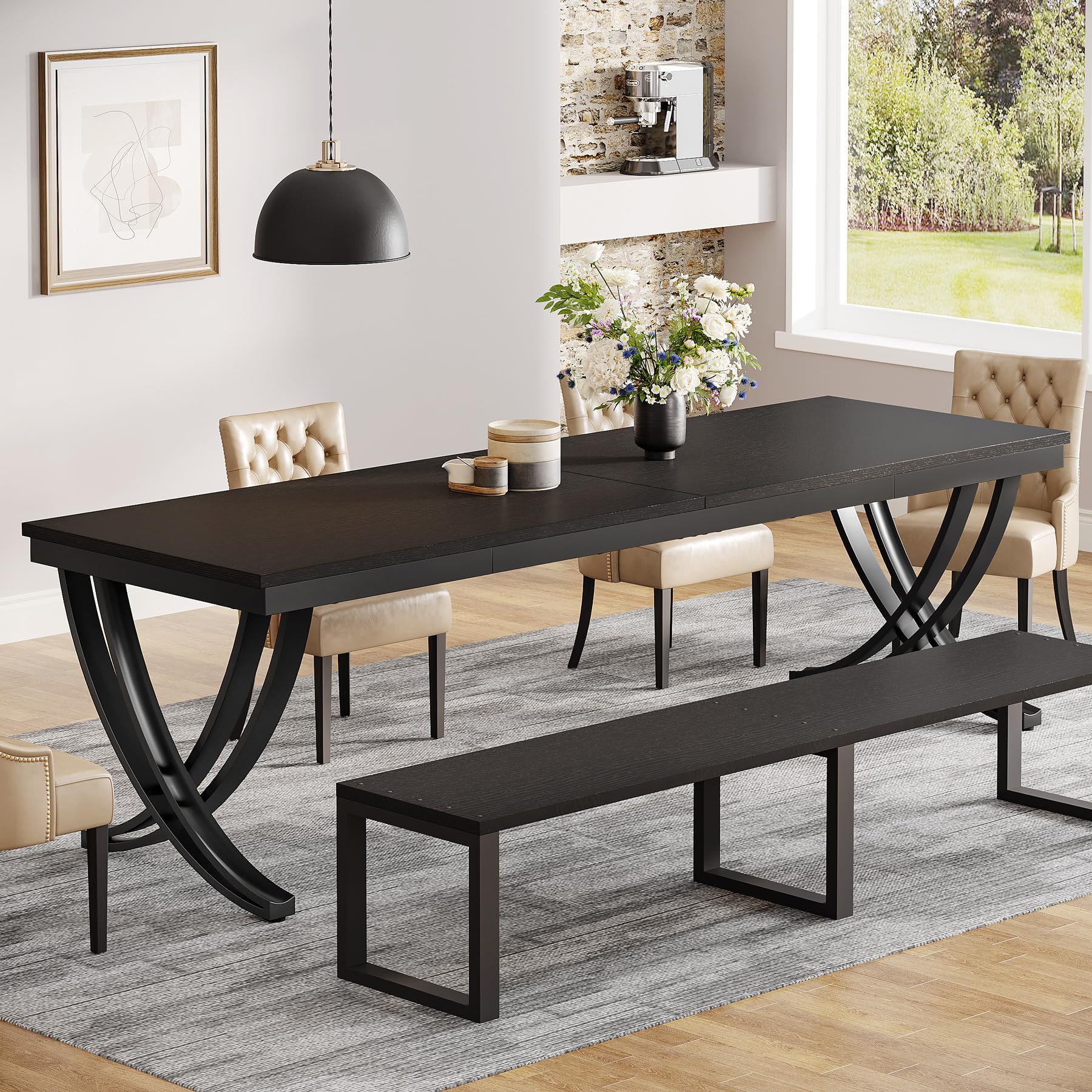 Rectangular Dining Table for 6-8, 203cm Large Wood Farmhouse Dinner Table with Heavy Duty Metal Legs and Wooden Top for Kitchen Dining Room Living Room (Only Table) (Black)