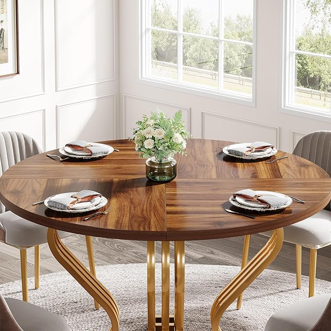 120cm Round Dining Table for 4, Farmhouse Wood Kitchen Table with Gold Metal Base, Circle Dinner Table Dining Room Table for Kitchen, Living Room, Rustic Brown