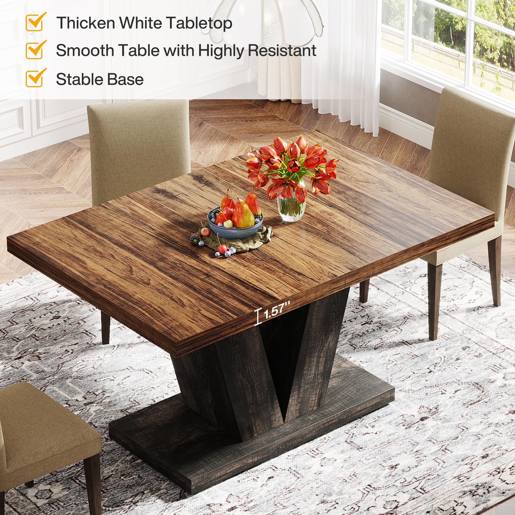 120cm Dining Table for 4, Black Kitchen Dinner Table with Heavy Duty Pedestal, Farmhouse Wooden Eating Table for Home, Dining Room, Small Space, Black & Brown