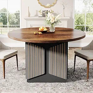 Round Dining Table for 4-6 People 119cm Wood Farmhouse Circle Kitchen Table Round Dinner Table for Dining Room Kitchen