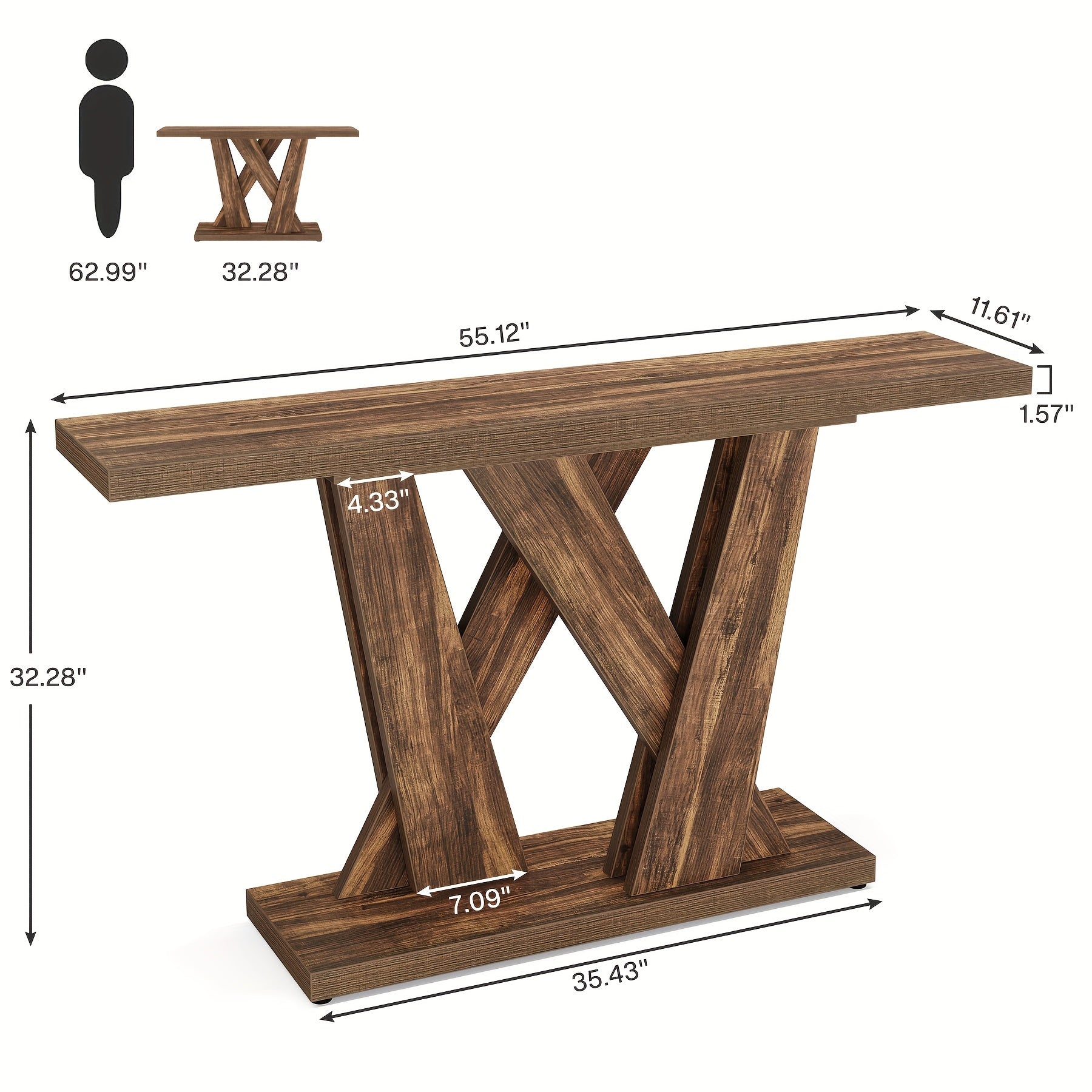 55-Inch Farmhouse Console Table, Entryway Table With Geometric Base, Narrow Sofa Table Rustic Wood Hallway Table For Entrance, Living Room, Foyer