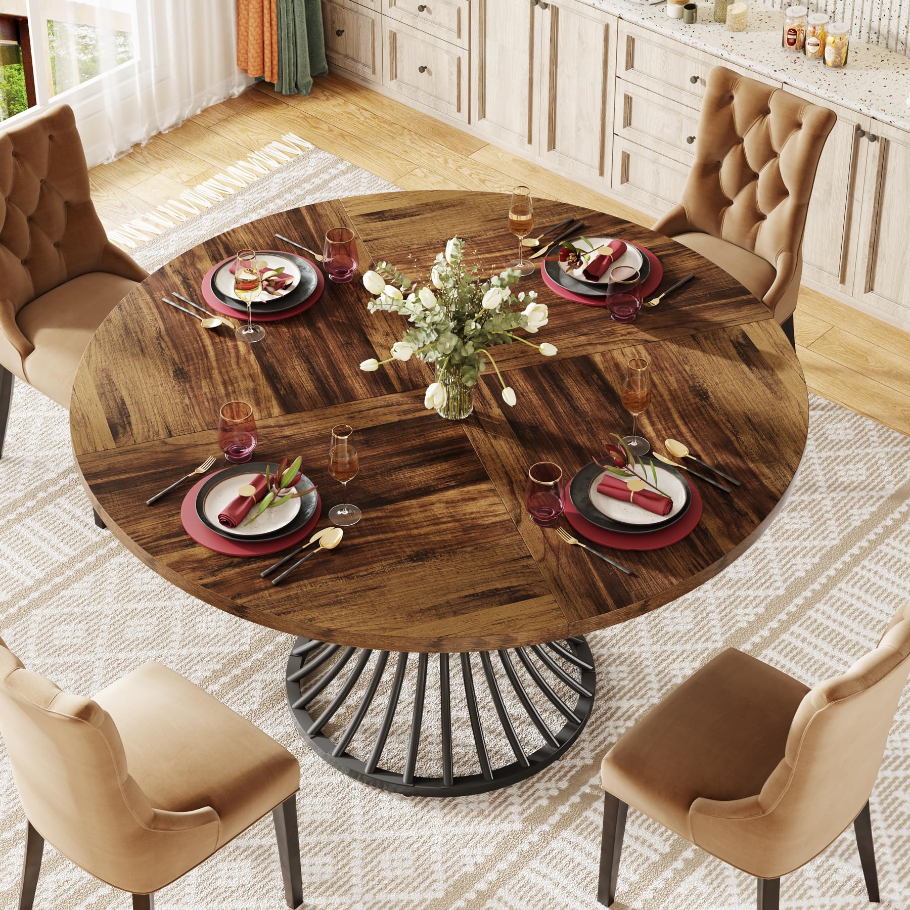 Round Dining Table for 4-6 People, 119cm Farmhouse Dinning Room Table Circle Kitchen Table, Industrial Dinner Table with Metal Base for Kitchen, Living Room, Rustic Brown