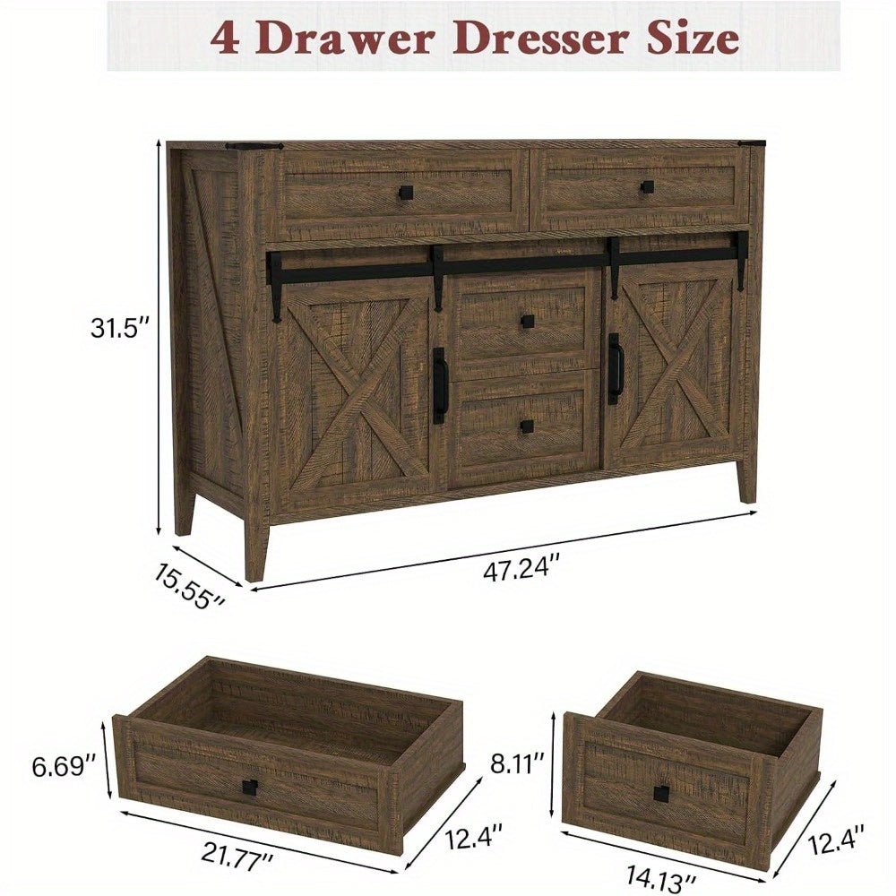 Farmhouse Dresser for Bedroom, 47 Inch Sliding Barn Door Wood Texture Rustic Chest of Drawers 4 Drawers Dresser TV Stand for Bedroom, Vintage Brown