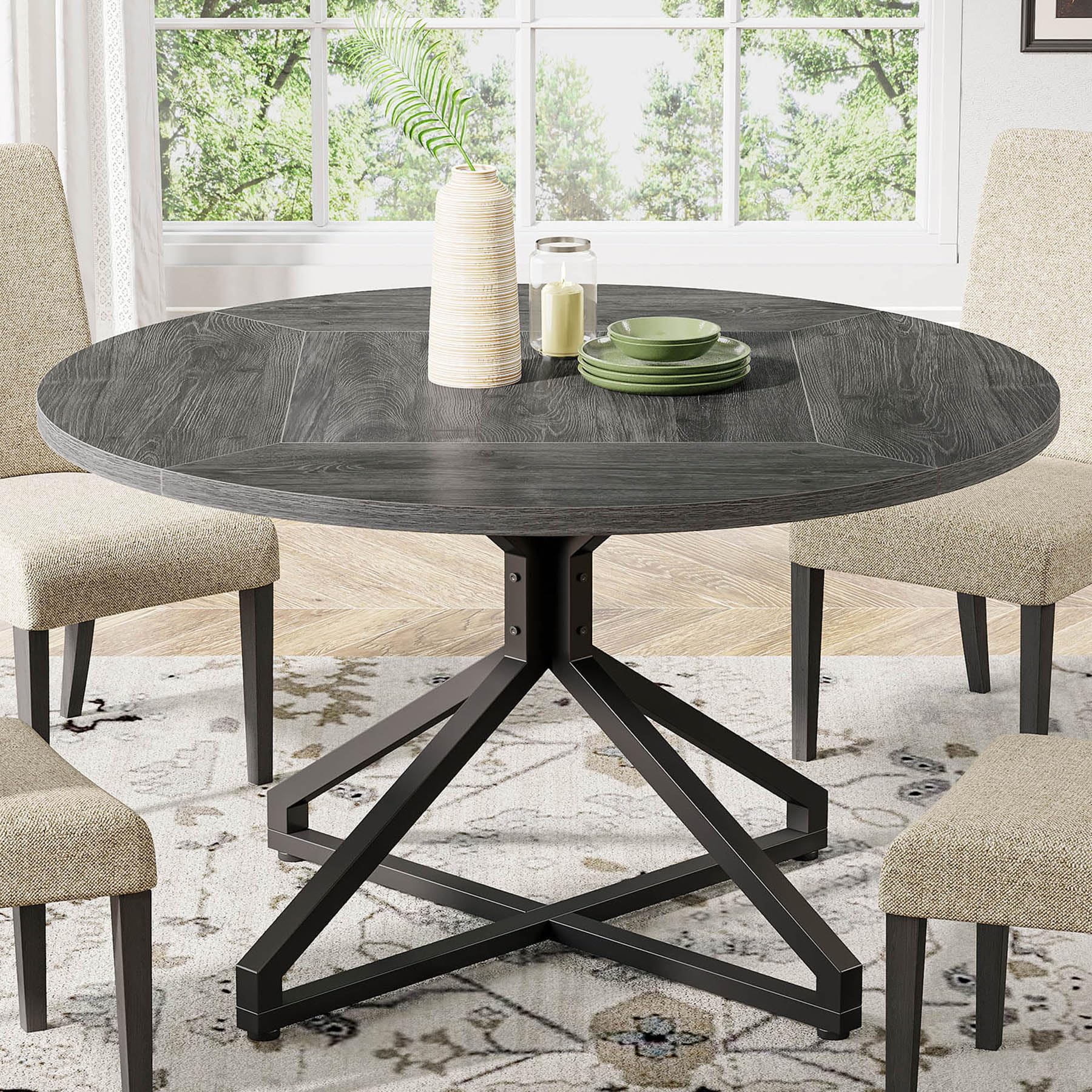 Round Dining Table for 4-6 People, 119cm Circle Kitchen Table Dining Room Table with Metal Pedestal Base, Wood Dinner Table for Dining Room, Kitchen, Living Room (Only Table)