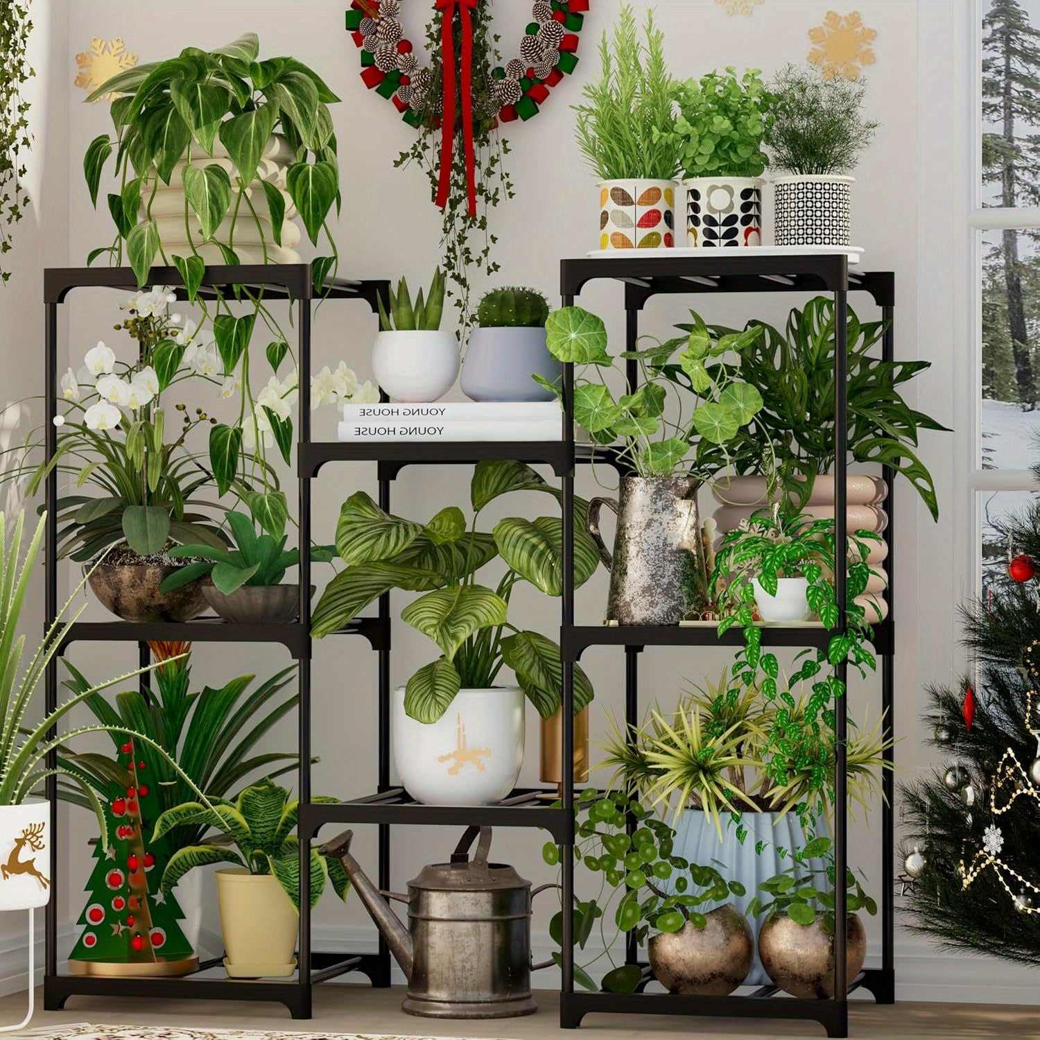 3-Tier Metal Plant Stand for Indoor/Outdoor Use, Holds 8 Pots - Modern Black Finish, Lightweight Design for Patio, Balcony, Living Room - Includes Festive Decor Elements, Artificial Plants for Home Decor