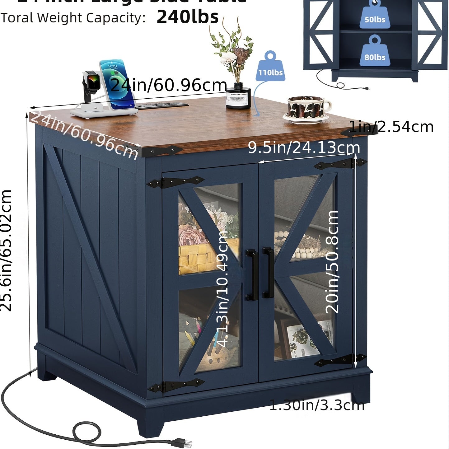 Farmhouse End Table, 24" Large Sofa Side Table With Charging Station Glass Barn Door, Wood Nightstand With Adjustable Storage Shelf, Square Bedside Table For Living Room, Bedroom, Office-Blue