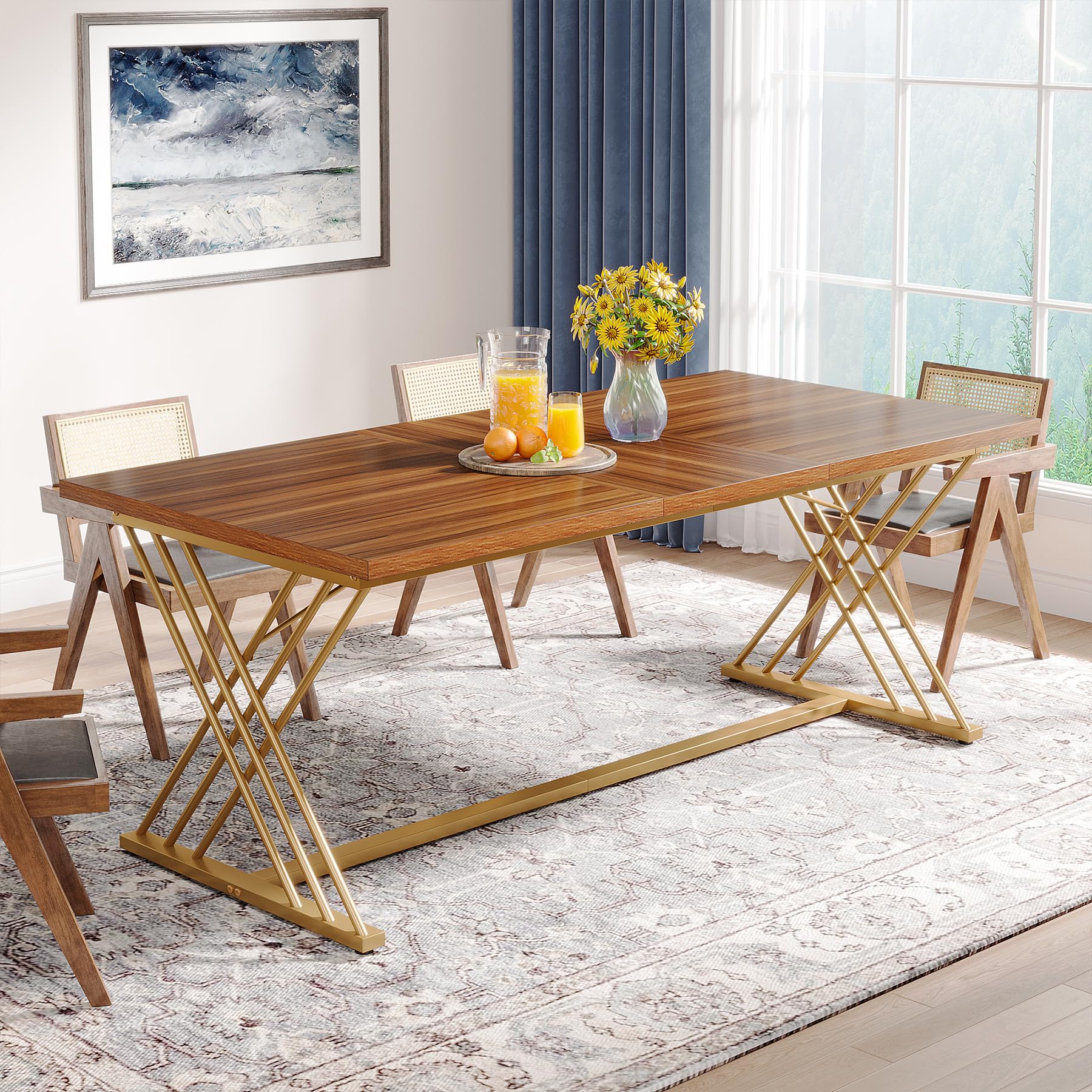 160cm Dining Table for 4-6 People, Industrial Kitchen Table Dining Room Table for Living Room, Kitchen, Rectangular Dinner Table with Gold Metal Frame, Brown