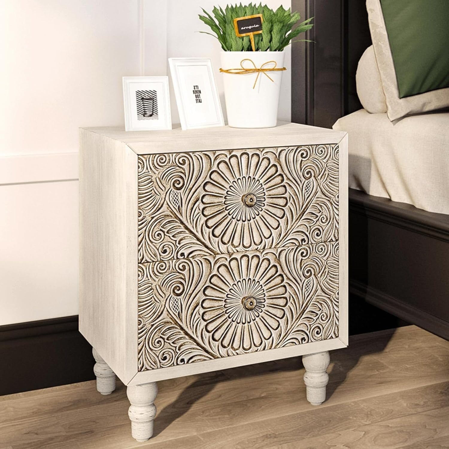 Boho Chic Vintage Nightstand Set with Carved Floral Design - Waterproof, Handcrafted Wooden End Tables for Bedroom & Living Room, Box, Cabinet, Rack for Outdoor Storage