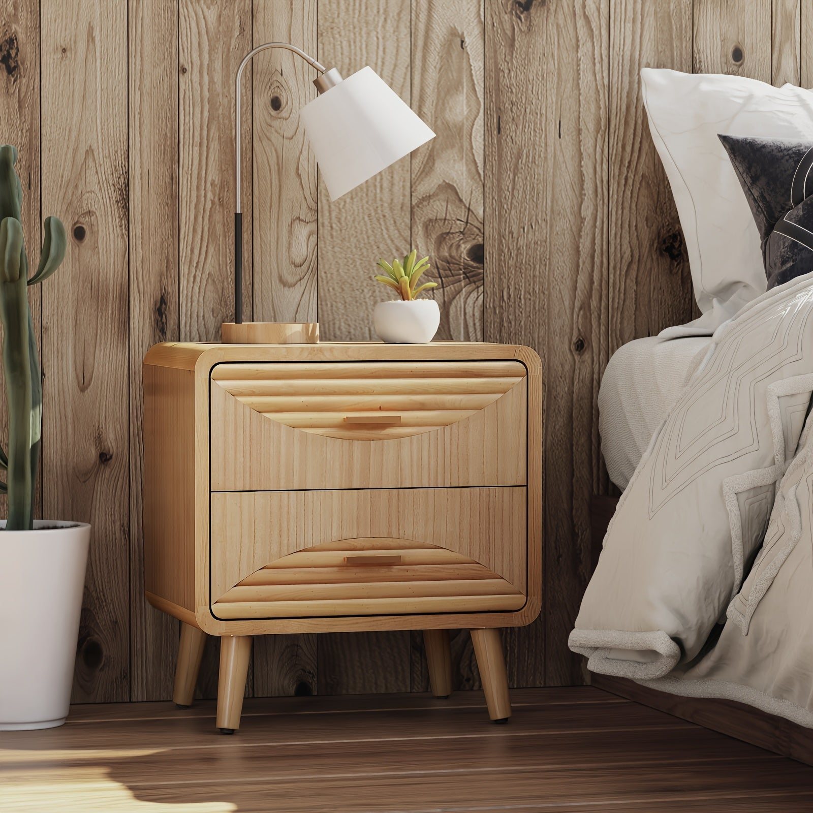 Chic Farmhouse 2-Drawer Nightstand in Natural Wood - Mid Century Boho & Rustic Style, Handcrafted Grain, Easy Assembly, Perfect for Cozy Bedroom Decor, Bedroom Wall Decor