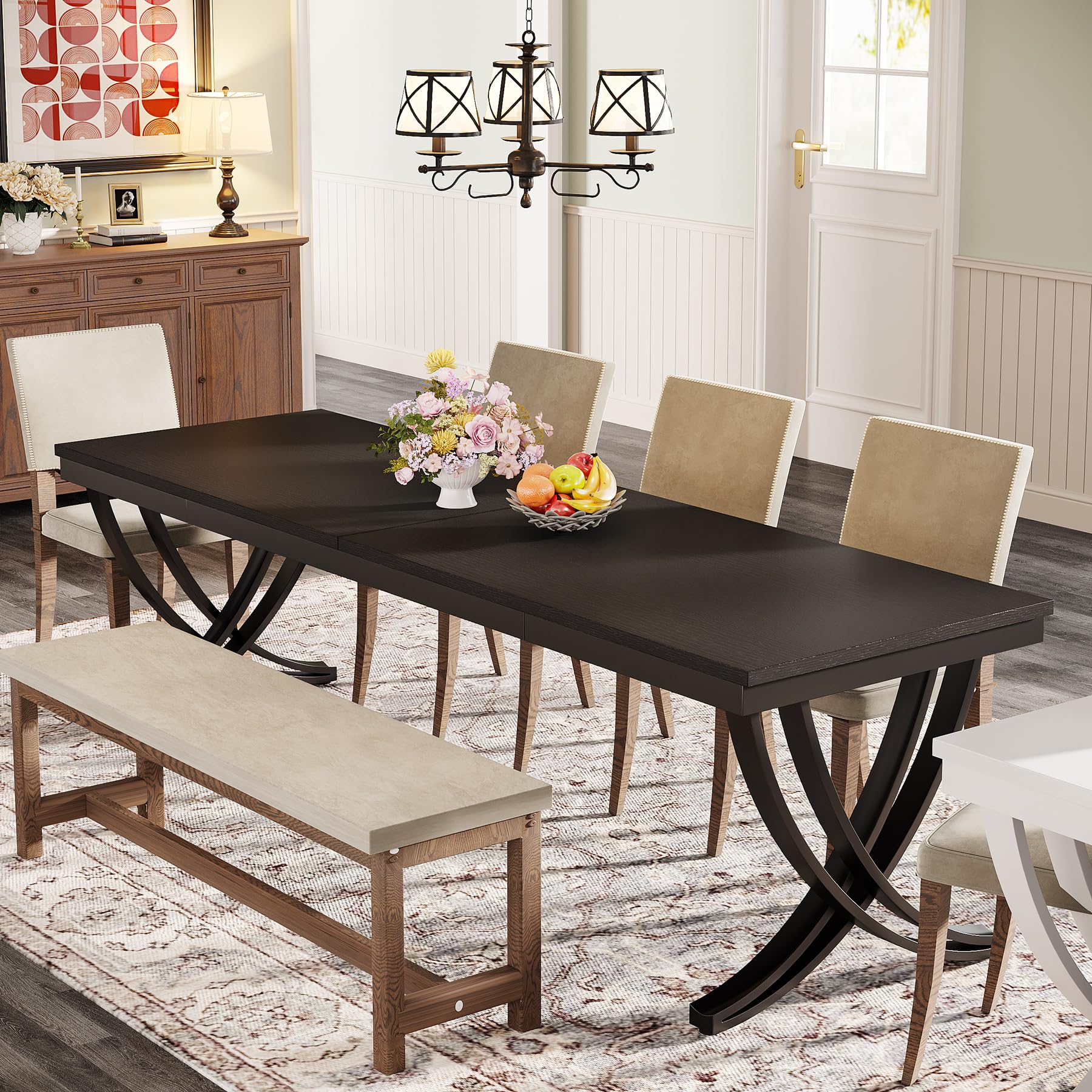 Rectangular Dining Table for 6-8, 203cm Large Wood Farmhouse Dinner Table with Heavy Duty Metal Legs and Wooden Top for Kitchen Dining Room Living Room (Only Table) (Black)