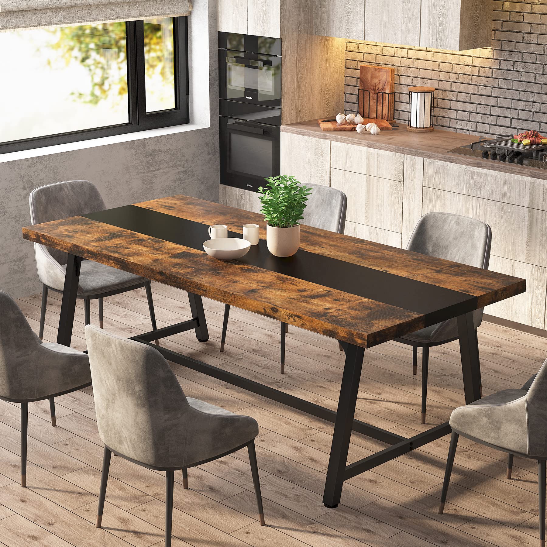 Dining Table for 8 People, 180cm Rectangular Wood Kitchen Table with Strong Metal Frame, Industrial Large Long Dining Room Table for Big Family (Rustic Brown)