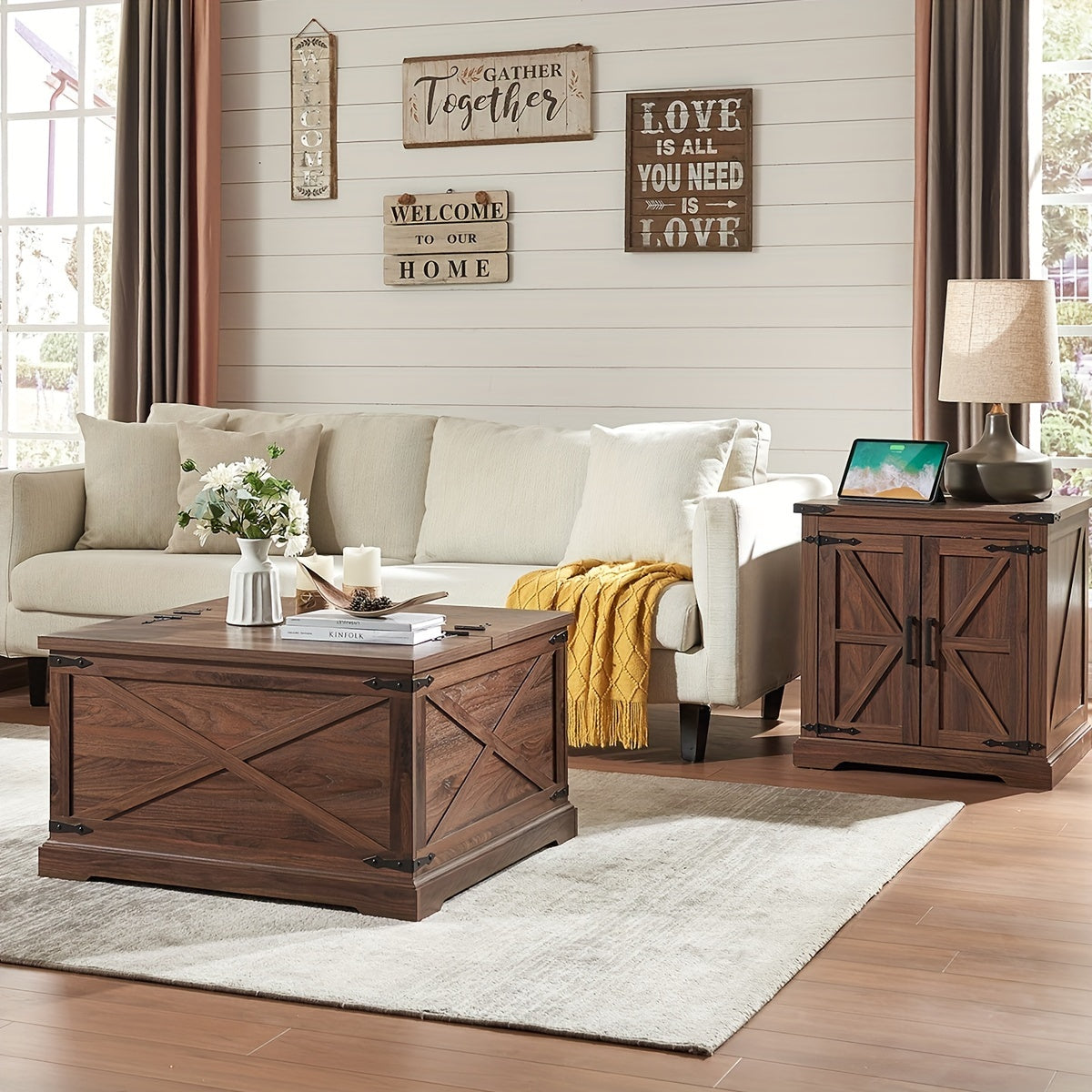 Rustic Farmhouse Square Coffee Table With Lift-Top & Hidden Storage, Wood Center Table With Large Hidden Storage Compartment For Living Room Or Bedroom