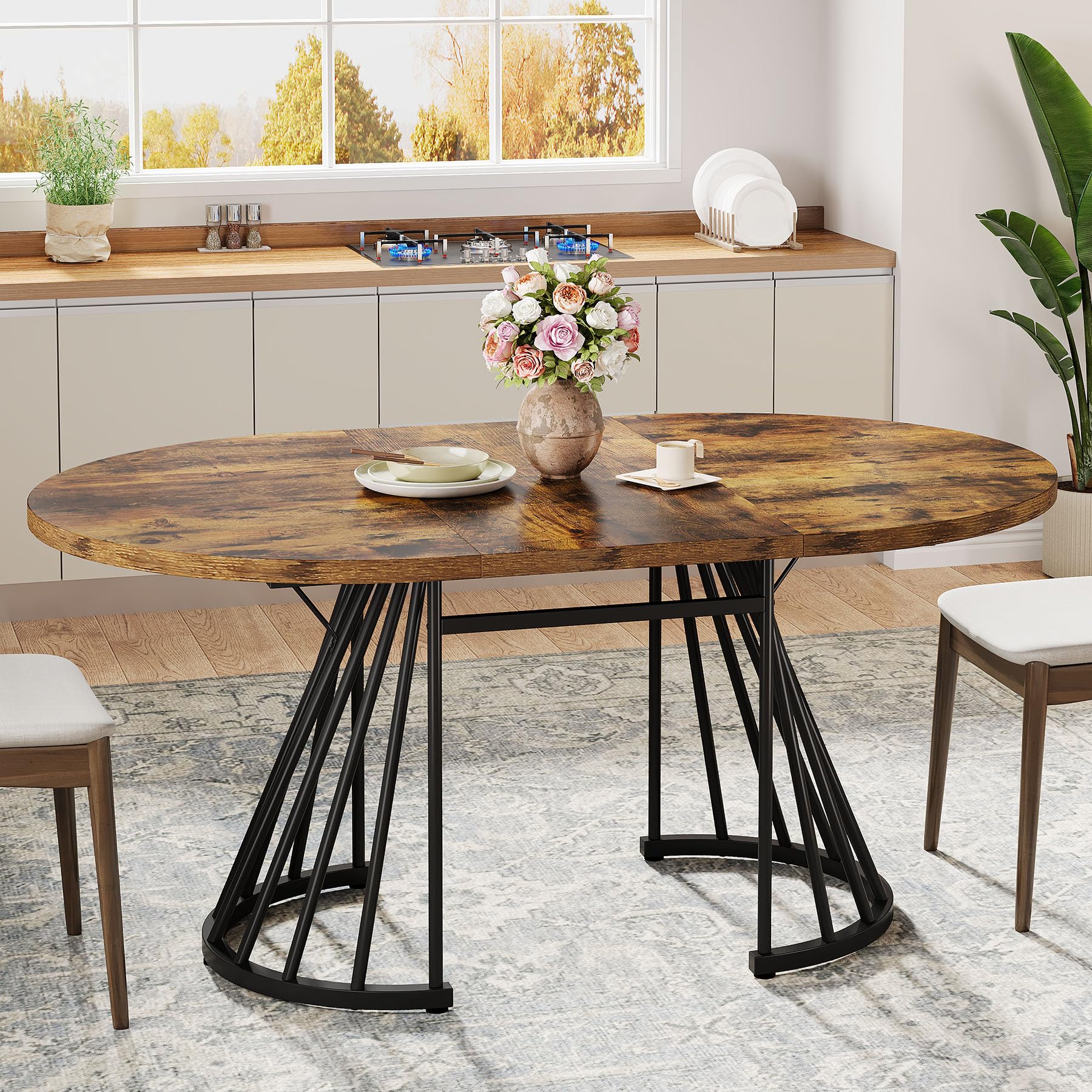 140cm Oval Dining Table Rustic Brown Farmhouse Dining Table Oval Kitchen Table for Kitchen, Dining Room