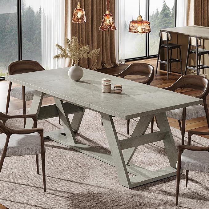 180cm Dining Table, Farmhouse Kitchen Dining Room Table for 6-8 People, Wood Kitchen Table Dinner Table with Double X-Shaped Base for Dining Room, Gray